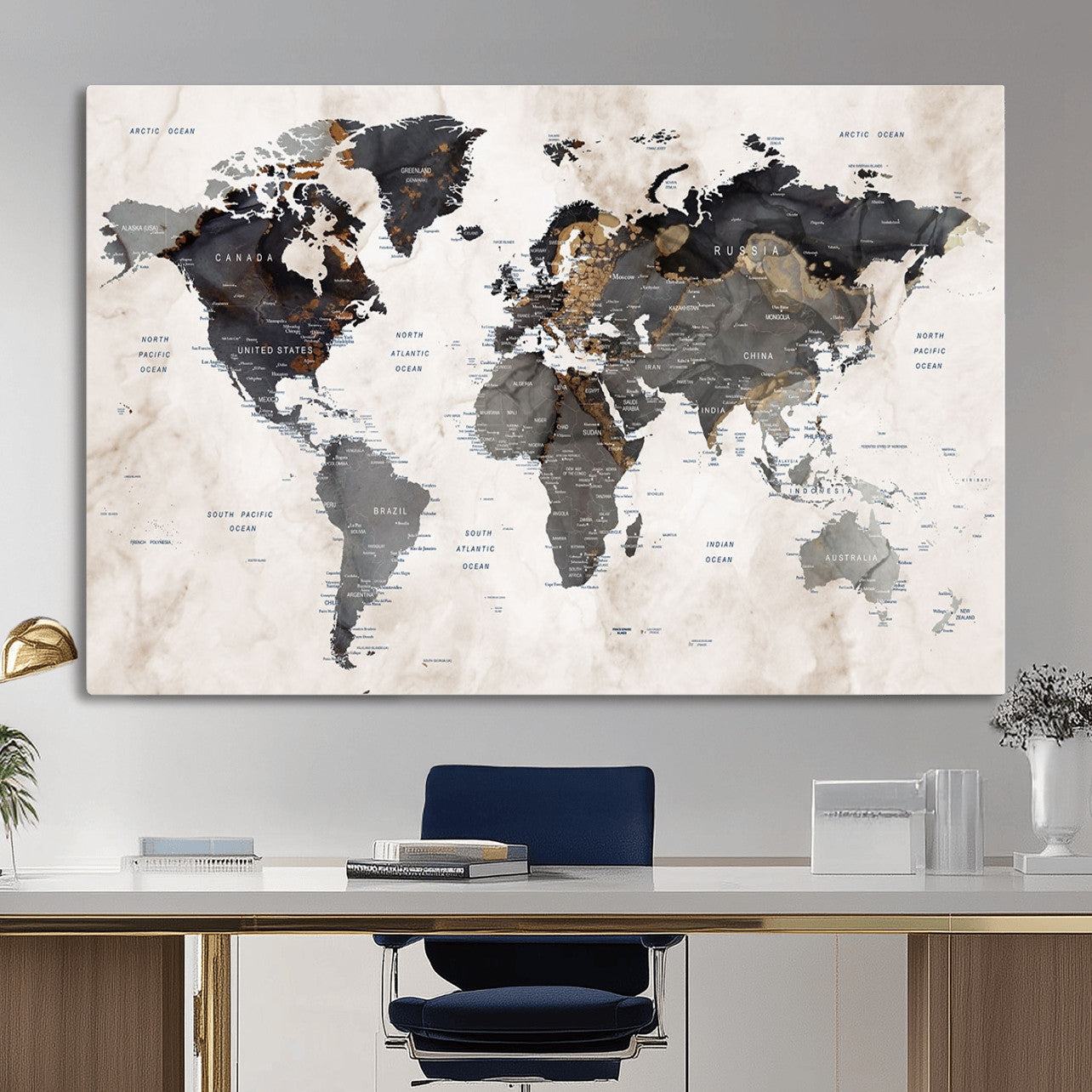 MGV-CV-36X24 - World Map Wall Art Canvas Print, Framed Rustic Map Art Picture Print, Antique Map Perfect Rustic Explorer Decor Artwork