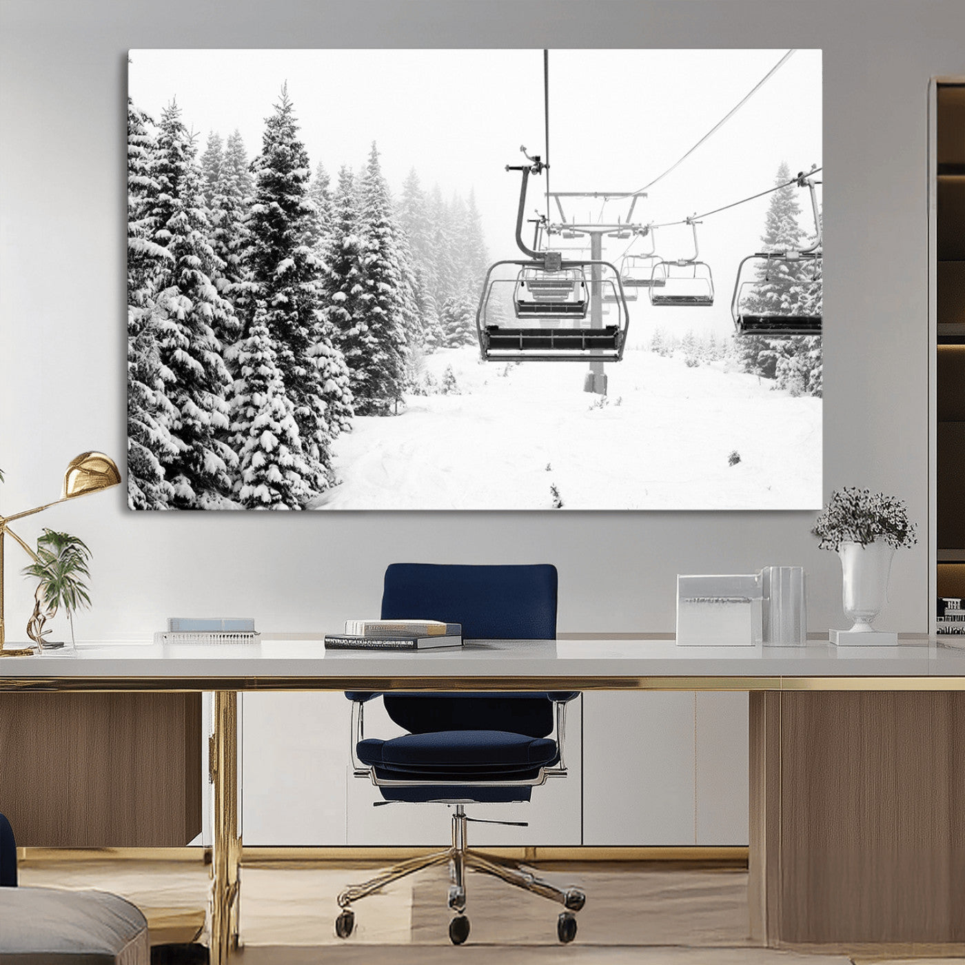 49274-MGV-CV-36X24-Snowy Forest Wall Art Canvas Print, Framed Ski Lift Art Picture Print, Mountain Snow Perfect Minimal Winter Lodge Decor Artwork