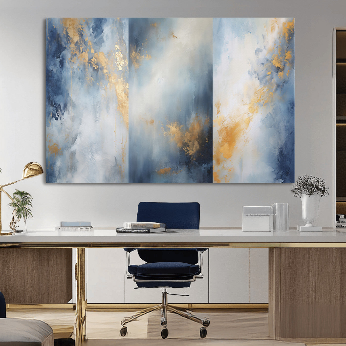 41836-MGV-CV-36X24-Abstract Gold Wall Art Canvas Print, Framed Blue Layers Art Picture Print, Elegant Cloud Perfect Elegant Minimalist Decor Artwork
