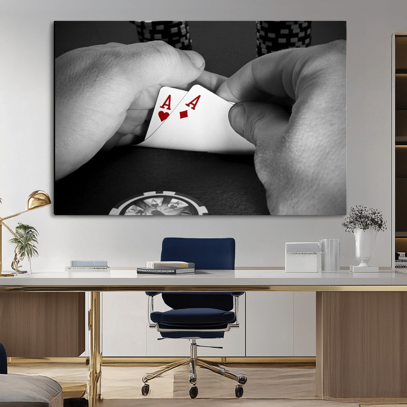 62460-MGV-CV-36X24-Poker Game Wall Art – Close Up of Hands Holding Aces with Chips, Casino Style Decor for Game Room, Man Cave or Office