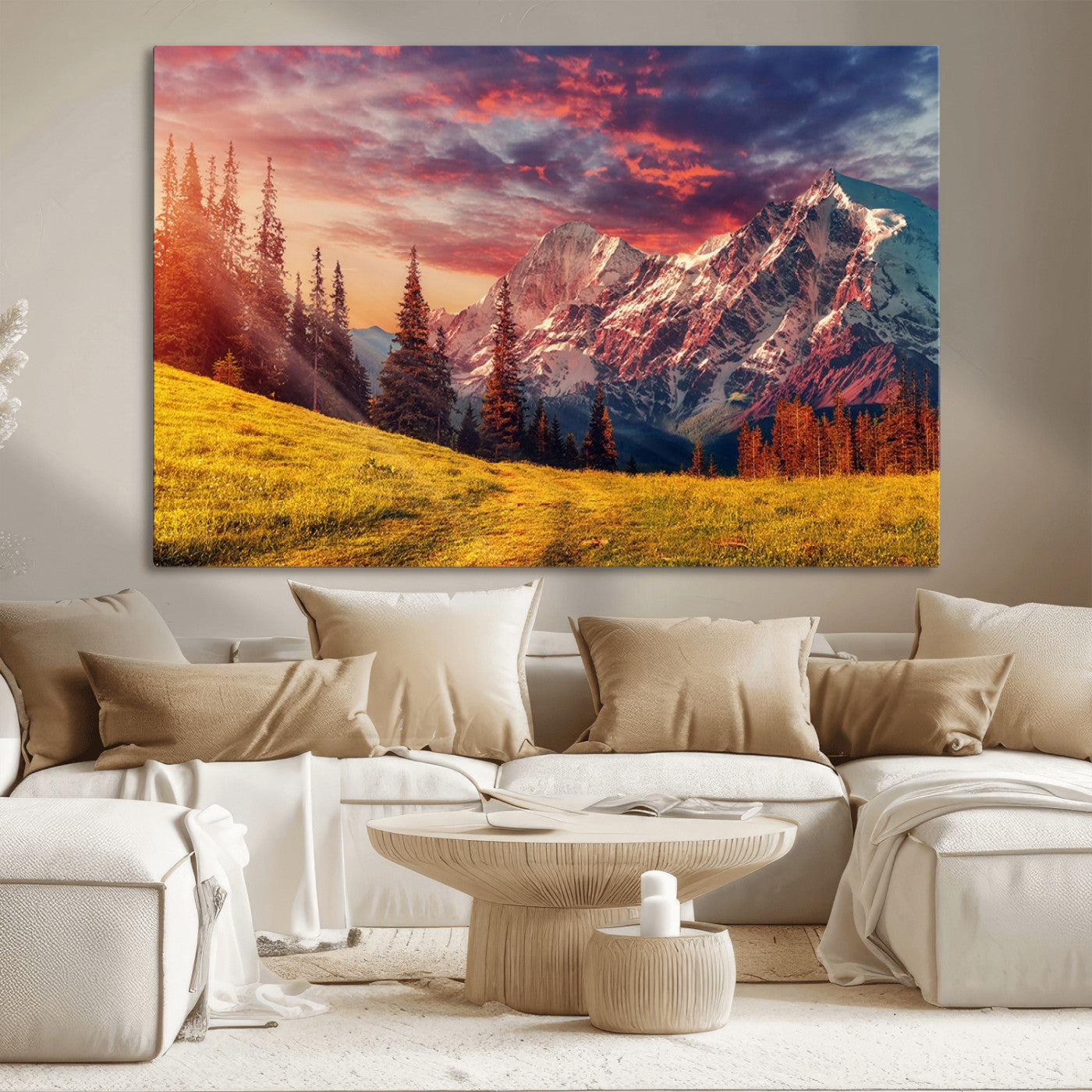 83947-MGV-CV-36X24-Sunset Mountain Landscape Wall Art – Panoramic Alpine Meadow and Snow Capped Peaks Canvas Print, Nature Scenic Decor for Home,