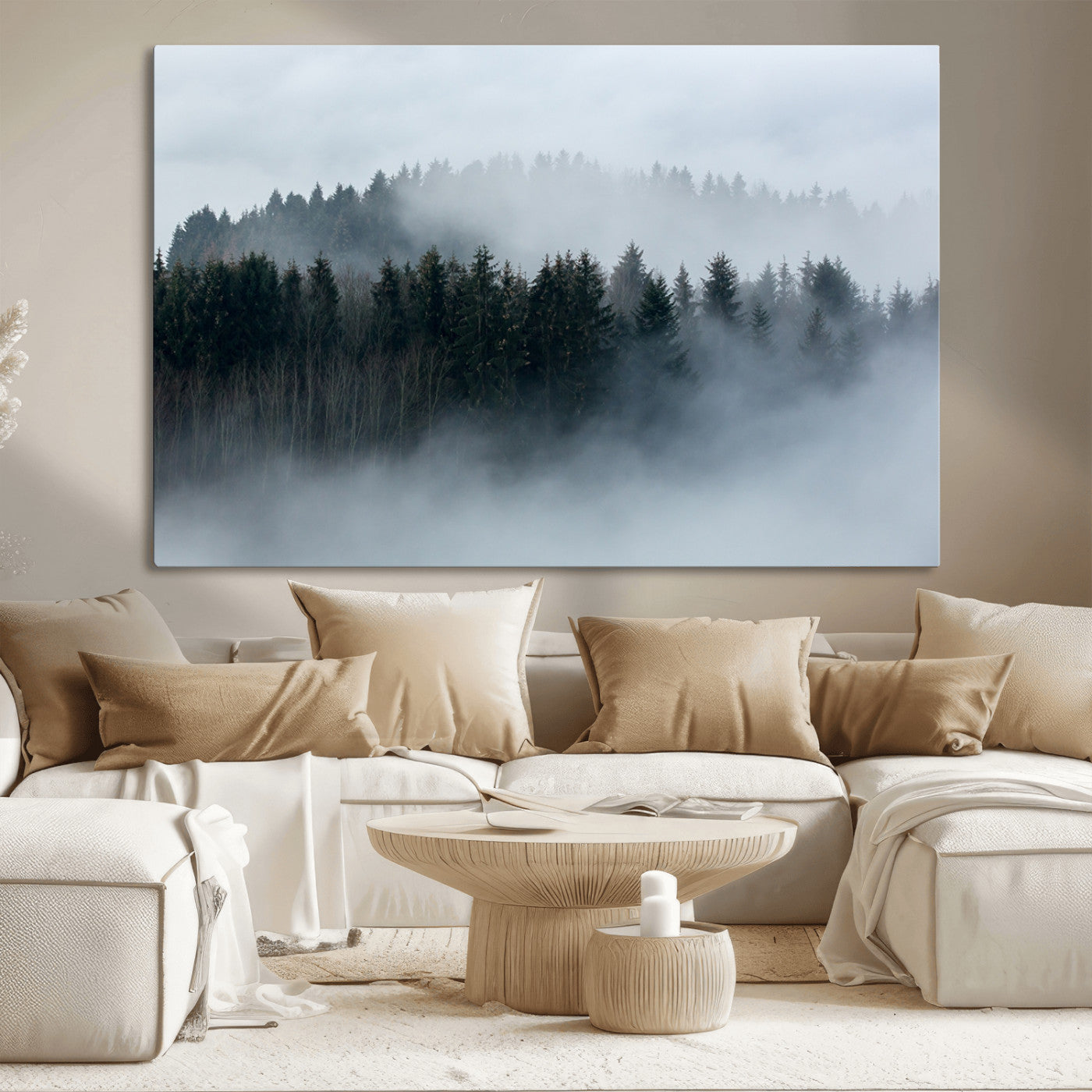 42596-MGV-CV-36X24-Misty Forest Wall Art – Atmospheric Pine Trees Canvas Print, Nature Landscape Decor for Living Room, Bedroom, Office, or Cabin