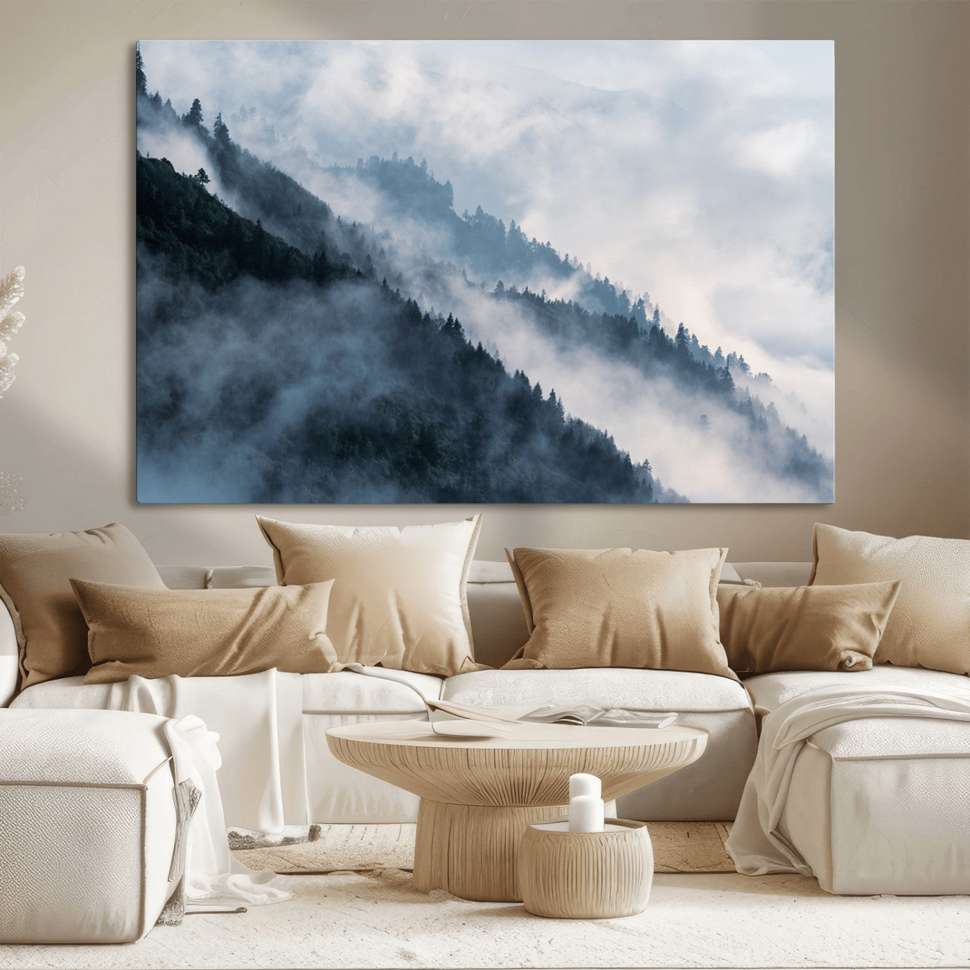 85737-MGV-CV-36X24-Misty Mountain Wall Art – Atmospheric Pine Forest Canvas Print with Fog and Mist, Calm Nature Decor for Living Room, Bedroom,