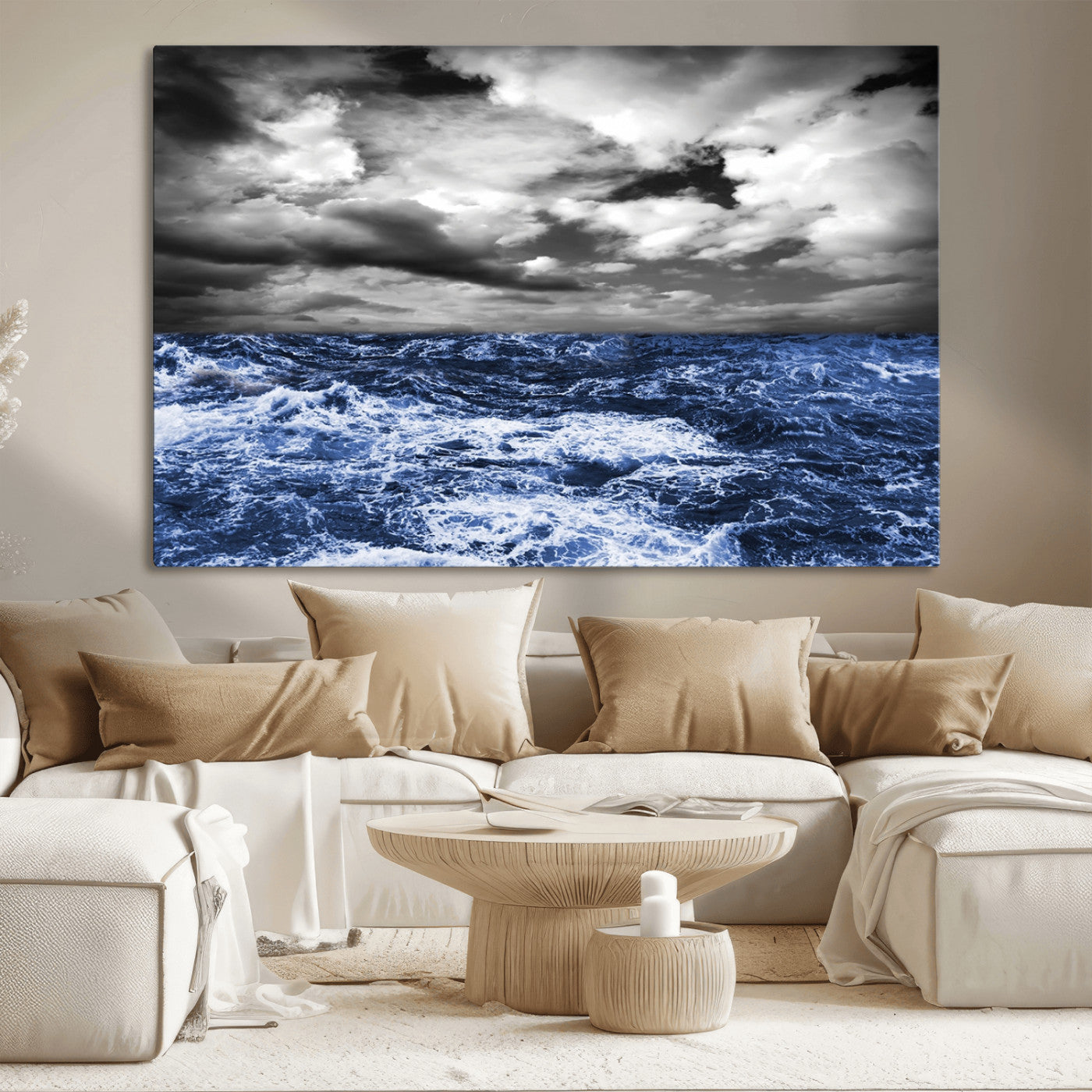 36012-MGV-CV-36X24-Dramatic Stormy Ocean Waves Black and White with Deep Blue Highlights – Moody Seascape Wall Art, Nature Photography Print for Home