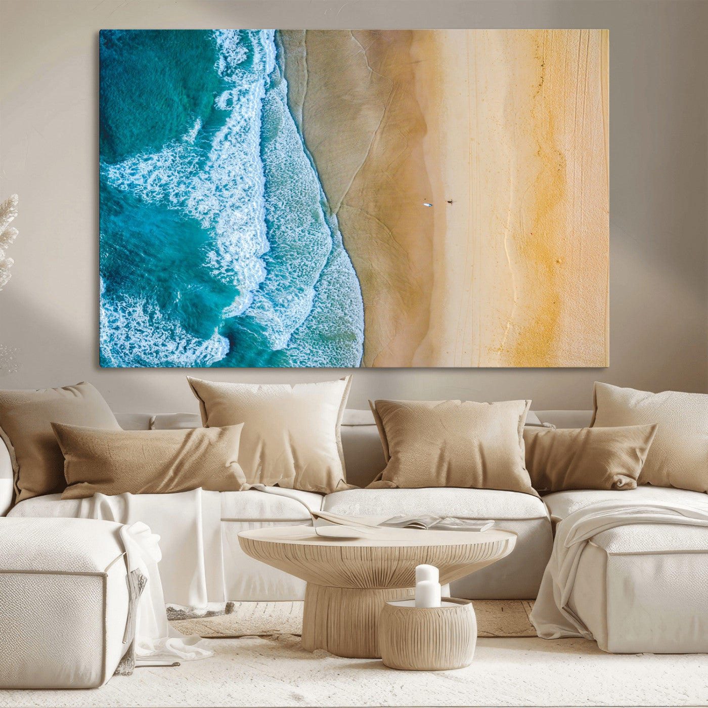 46640-MGV-CV-36X24-Aerial Beach Wall Art – Turquoise Waves and Golden Sand Canvas Print with Lone Surfer, Coastal Ocean Decor for Living Room,