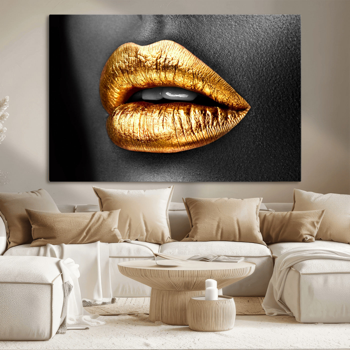 84747-MGV-CV-36X24-Golden Lips Black & White Portrait – Glamorous Metallic Lip Art Print, Modern Wall Decor for Bedroom, Beauty & Fashion Lover Gift