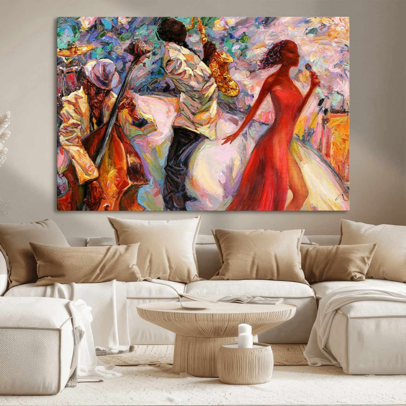 39004-MGV-CV-36X24-Jazz Music Wall Art – Colorful Abstract Canvas Triptych Featuring Saxophone, Singer and Bass, Vibrant Musician Painting for Living