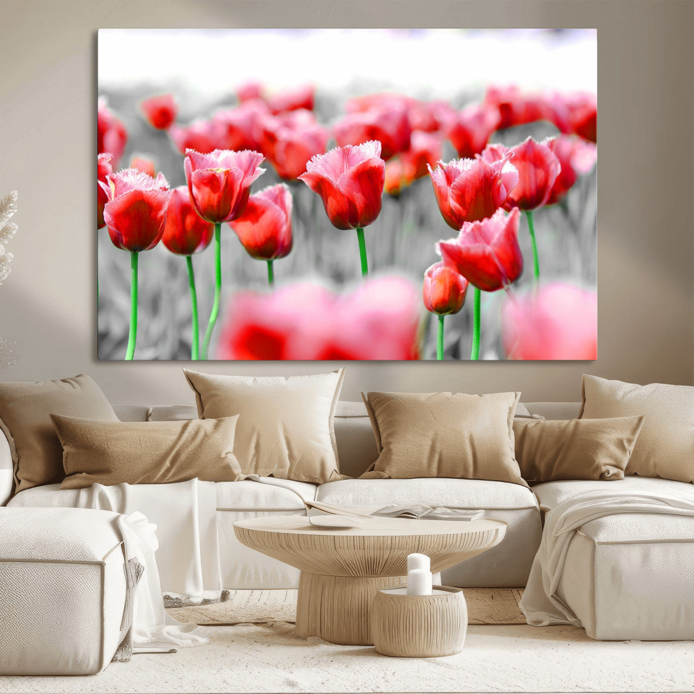44554-MGV-CV-36X24-Vibrant red tulips stand out beautifully against a black-and-white background, making a striking decor piece perfect for any home