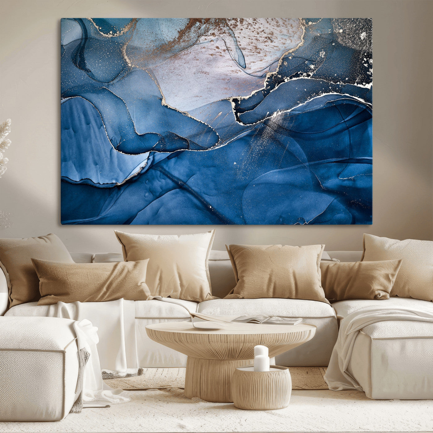 27810-MGV-CV-36X24-Abstract Blue Gold Fluid Art Wall – Modern Canvas Print, Elegant Home & Office Wall Art, Stylish Living Room or Bedroom Decor