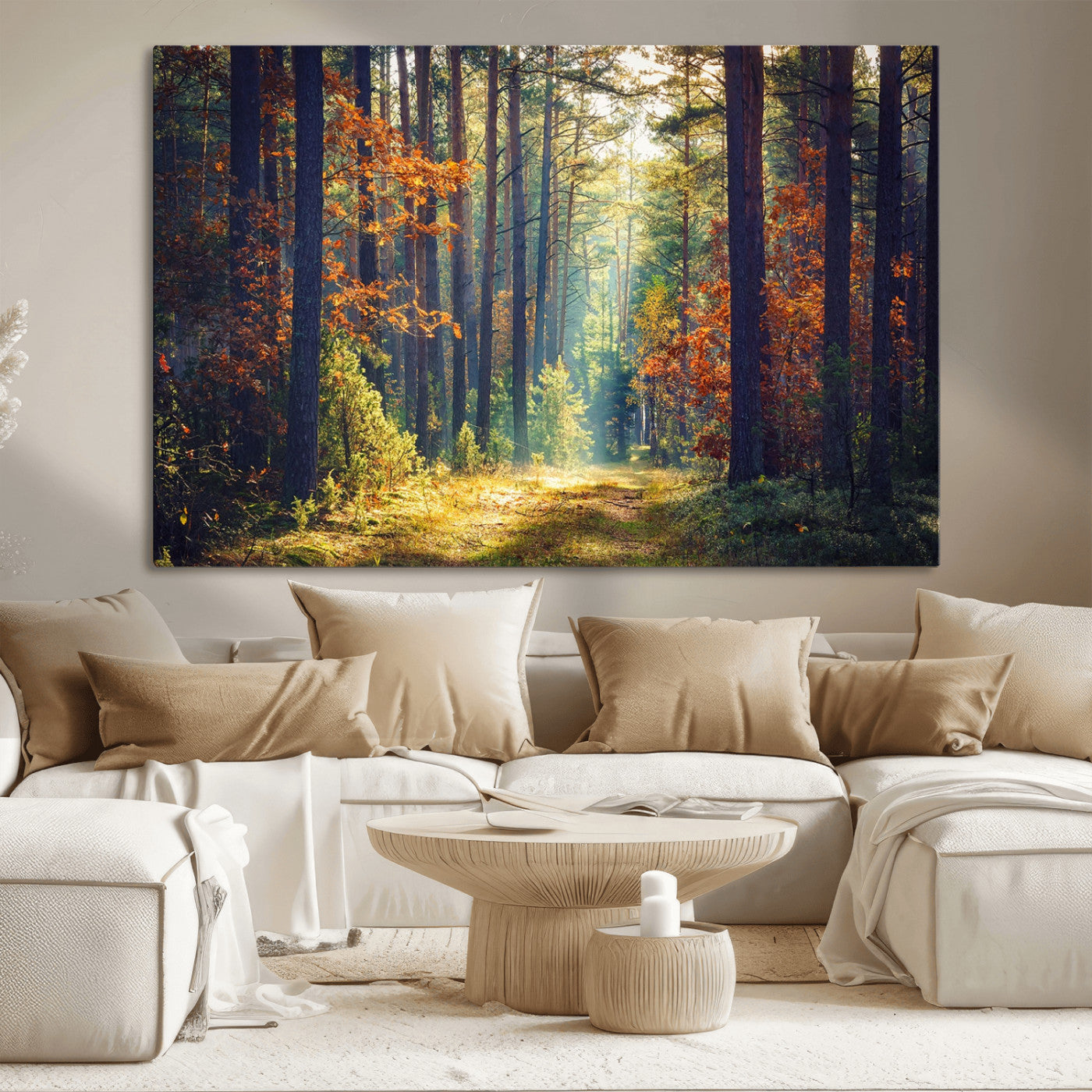 86249-MGV-CV-36X24-Sunlit Autumn Forest Path Wall Art – Peaceful Nature Scene with Fall Foliage, Calming Woods Decor for Home or Office
