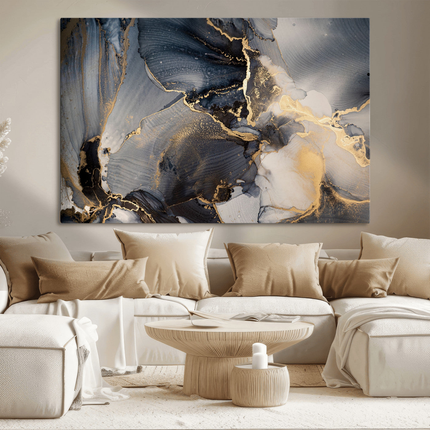 24068-MGV-CV-36X24-Luxury Abstract Wall Art – Gold & Gray Fluid Ink Painting Canvas, Modern Metallic Home Decor, Elegant Office or Living Room Accent
