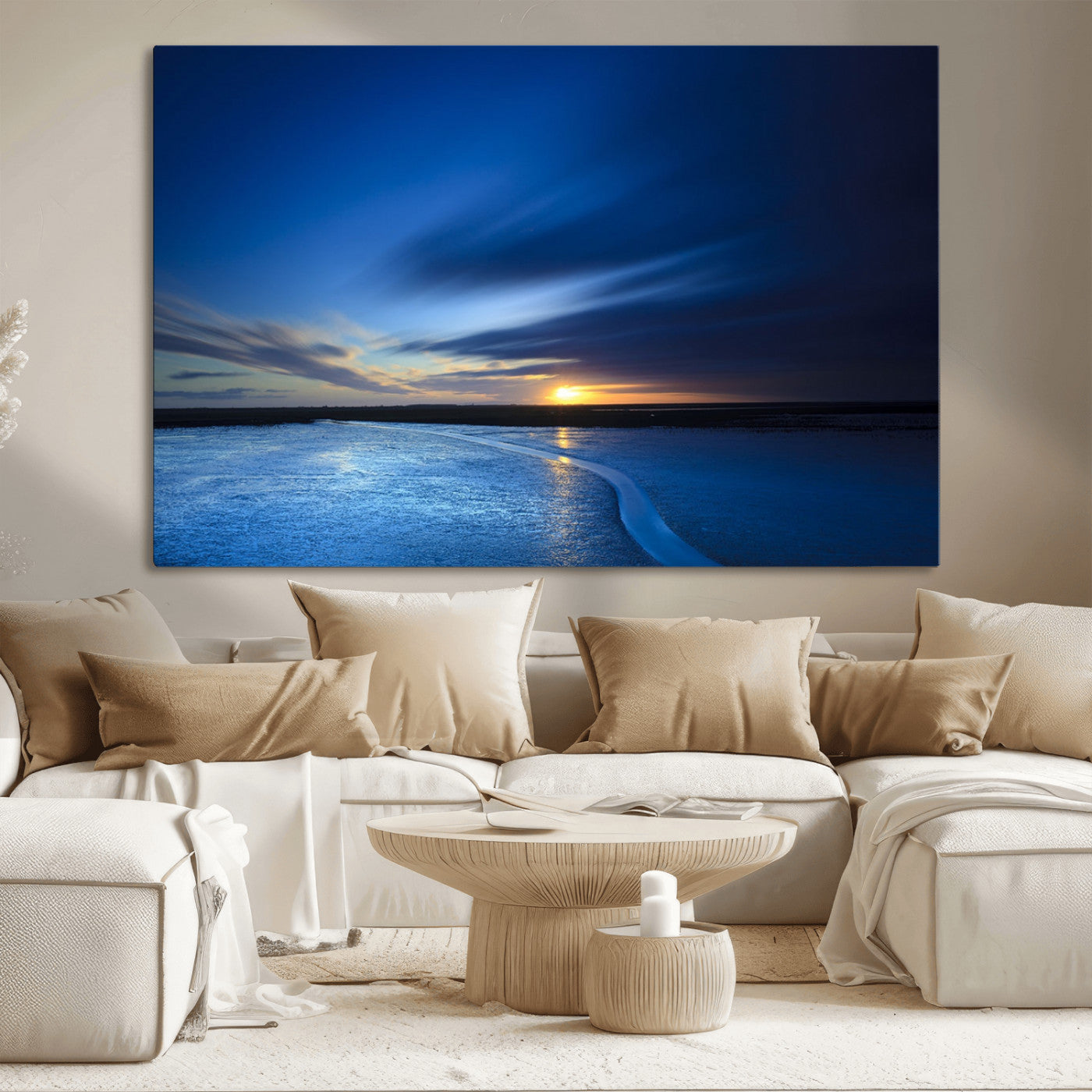 65405-MGV-CV-36X24-Blue Sunrise Seascape Wall Art – Tranquil Ocean Horizon Canvas Print with Golden Sunlight and Deep Sky, Coastal Landscape Decor