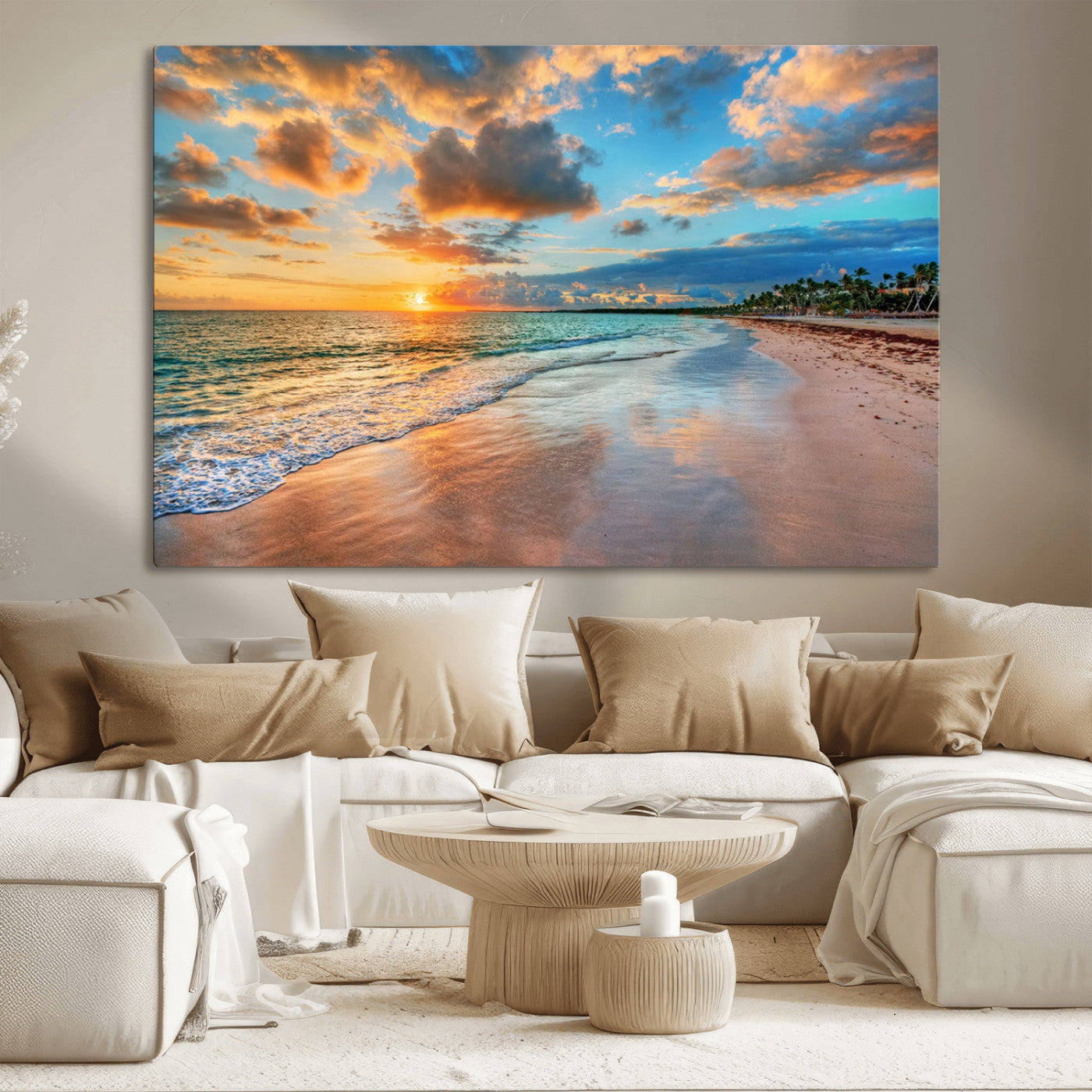 41572-MGV-CV-36X24-Sunset Beach Wall Art – Ocean Waves and Palm Trees Canvas Print, Tropical Coastal Sunset Seascape Decor for Living Room, Bedroom