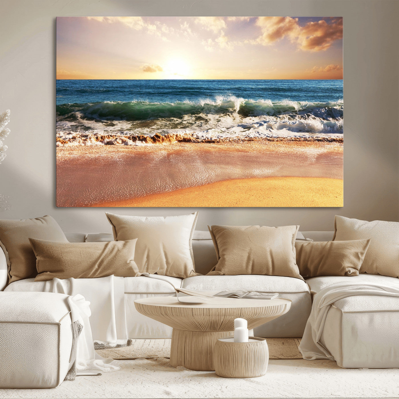 79005-MGV-CV-36X24-Golden Sunrise Ocean Waves Wall Art – Panoramic Seashore Canvas Print, Calming Coastal Decor for Home, Office or Relaxation Space