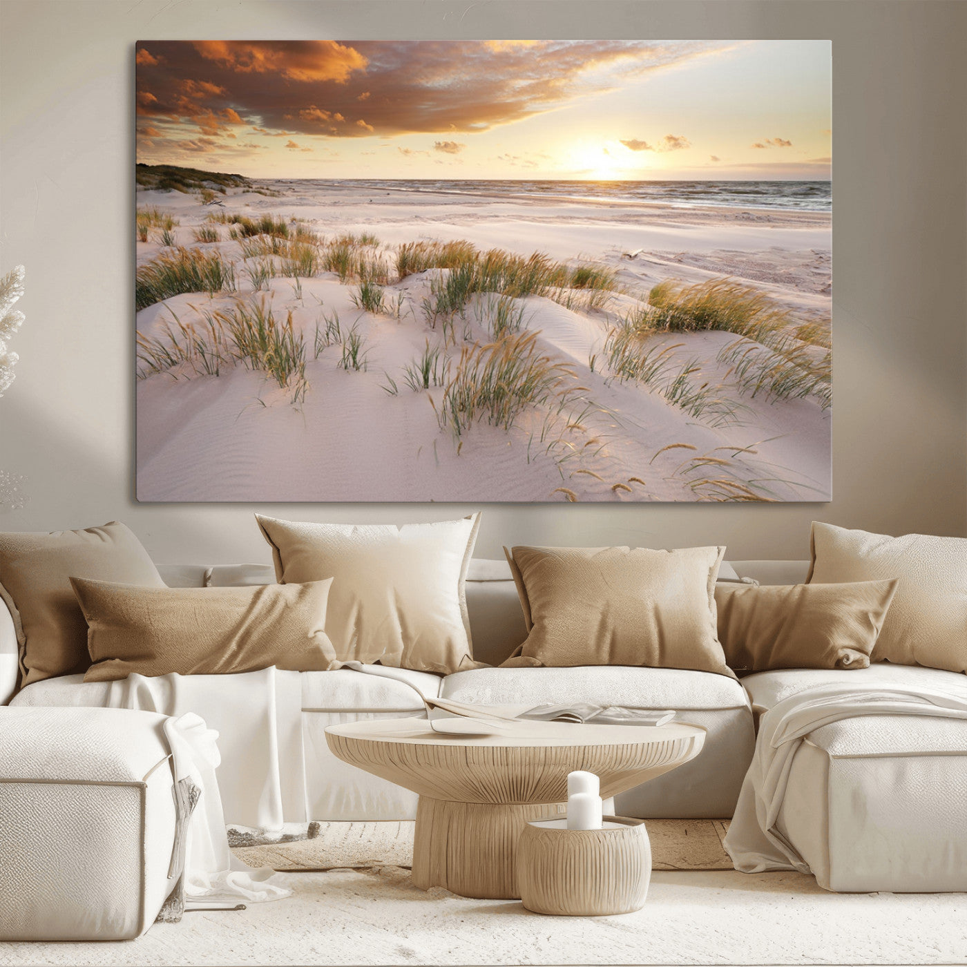 61246-MGV-CV-36X24-Coastal Sand Dunes Wall Art – Serene Beach Sunset Canvas Print with Grasses and Ocean View, Tranquil Seaside Decor for Living Room