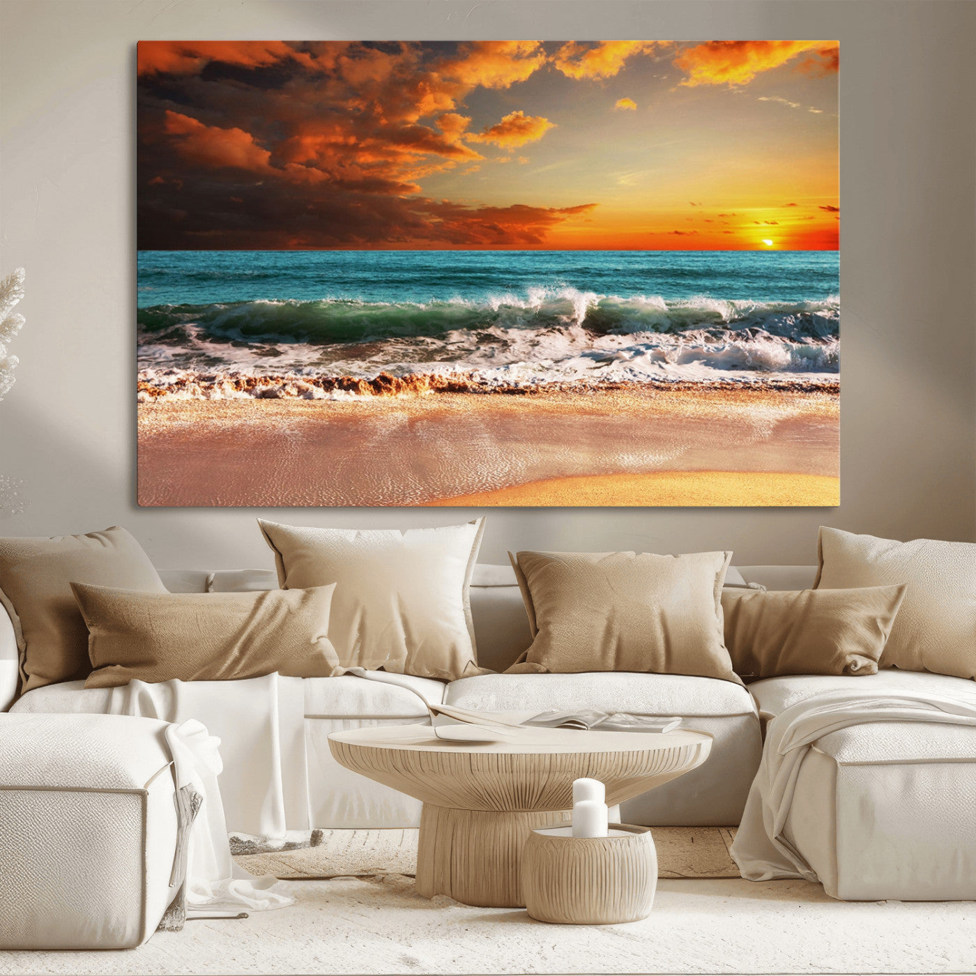 72948-MGV-CV-36X24-Ocean Sunset Wave Wall Art – Dramatic Seascape Canvas Print with Golden Sky and Crashing Waves, Coastal Beach Decor for Living