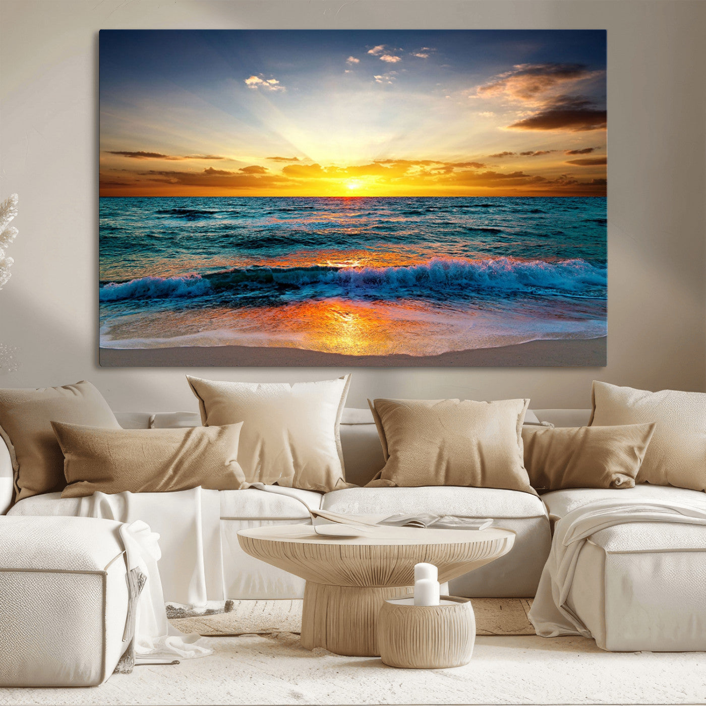 50627-MGV-CV-36X24-Ocean Sunset Wall Art – Serene Beach Canvas Print with Waves and Golden Sky, Coastal Decor for Living Room or Office