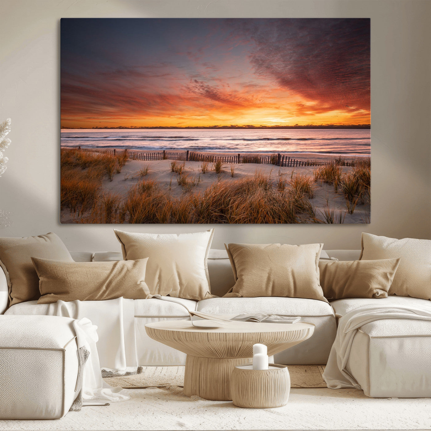 90176-MGV-CV-36X24-Beach Sunset Wall Art – Coastal Sand Dune Canvas Print with Ocean Waves and Dramatic Sky, Seaside Landscape Decor for Living Room