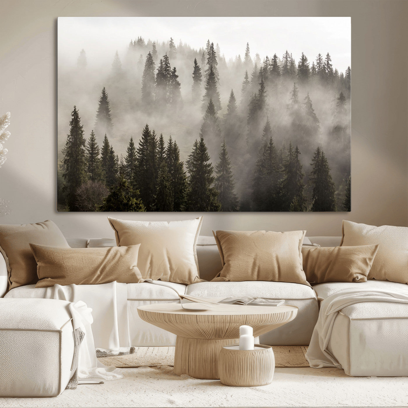 62862-MGV-CV-36X24-Misty Forest Wall Art – Tranquil Pine Tree Canvas Print with Mountain Fog, Nature Landscape Artwork for Living Room, Bedroom, or