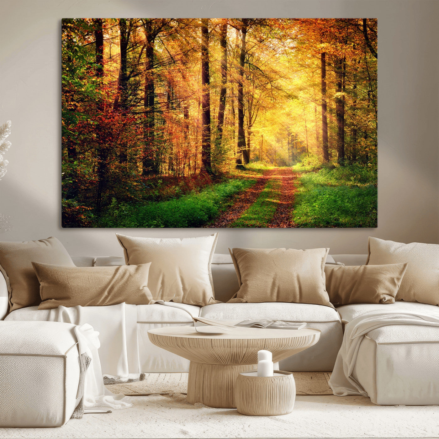 73494-MGV-CV-36X24-Golden Autumn Forest Path Wall Art – Sunlit Woodland Canvas Print, Fall Nature Landscape Home Decoration