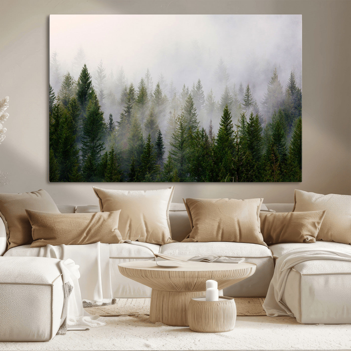 11436-MGV-CV-36X24-Misty Forest Wall Art – Tranquil Evergreen Tree Canvas Print with Foggy Landscape, Nature Inspired Artwork for Bedroom, Living