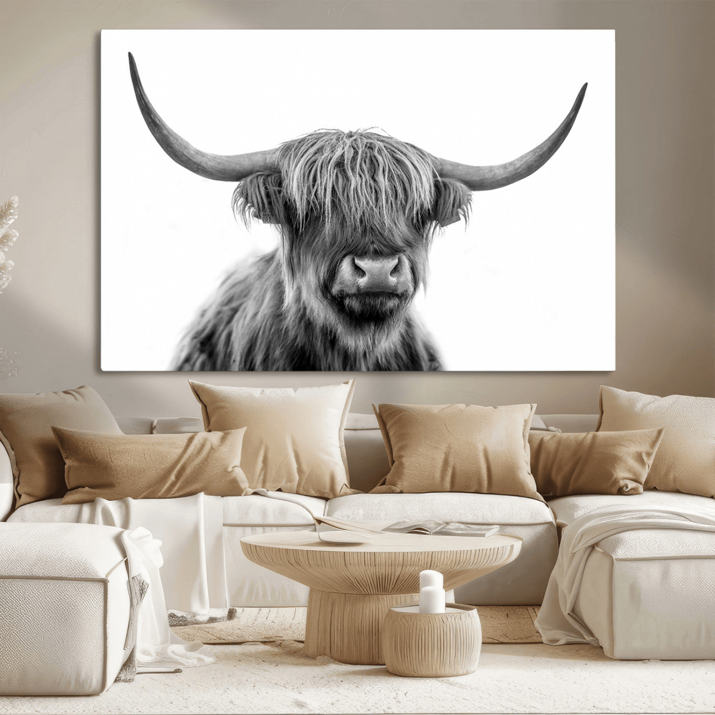 10123-MGV-CV-36X24-Black and White Highland Cow Wall Art – Modern Farmhouse Animal Print, Rustic Scottish Bull Canvas Decor for Living Room, Bedroom,