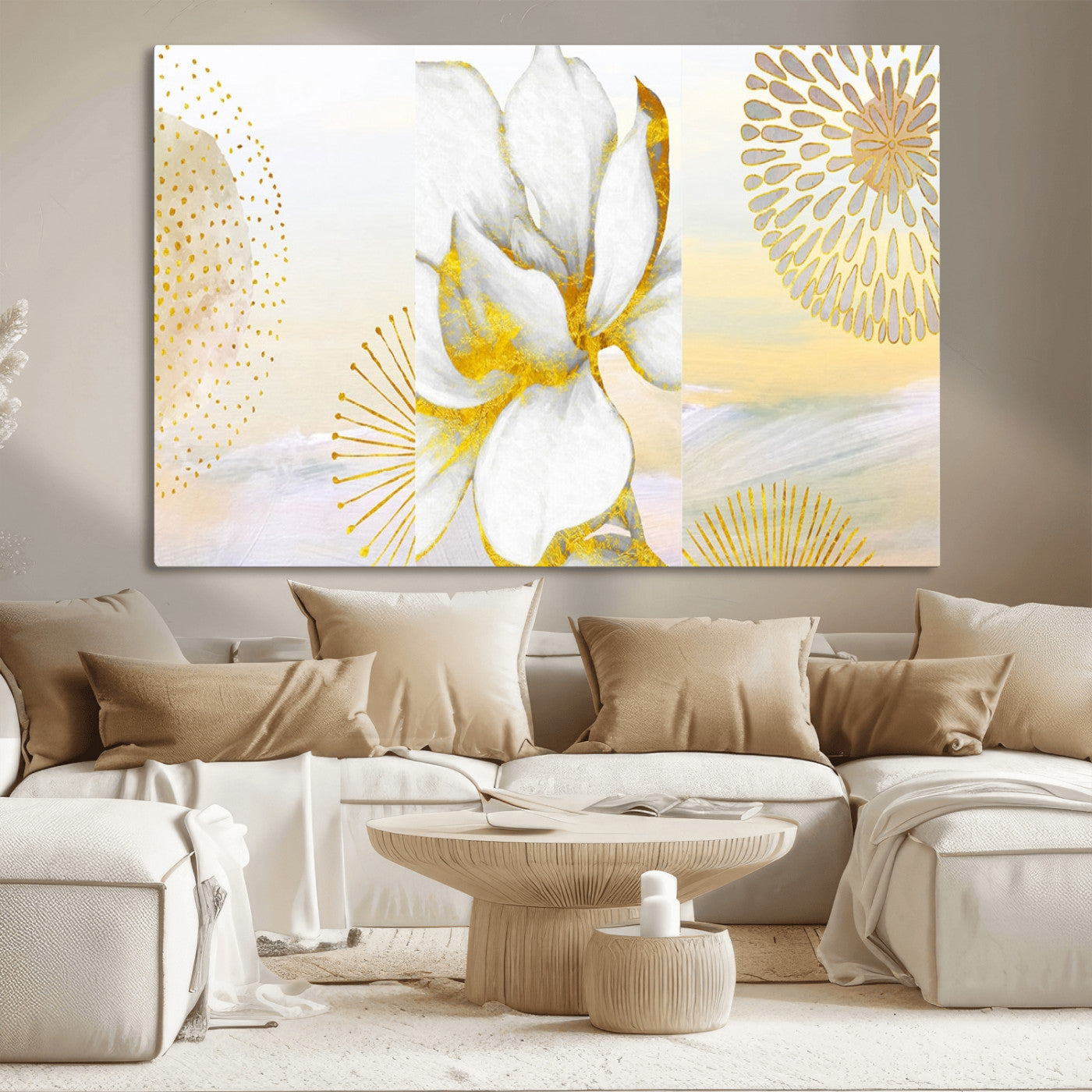 82301-MGV-CV-36X24-Modern Floral Wall Art – White Flower with Gold Detailing Canvas Print, Elegant Abstract Artwork for Living Room, Bedroom, or