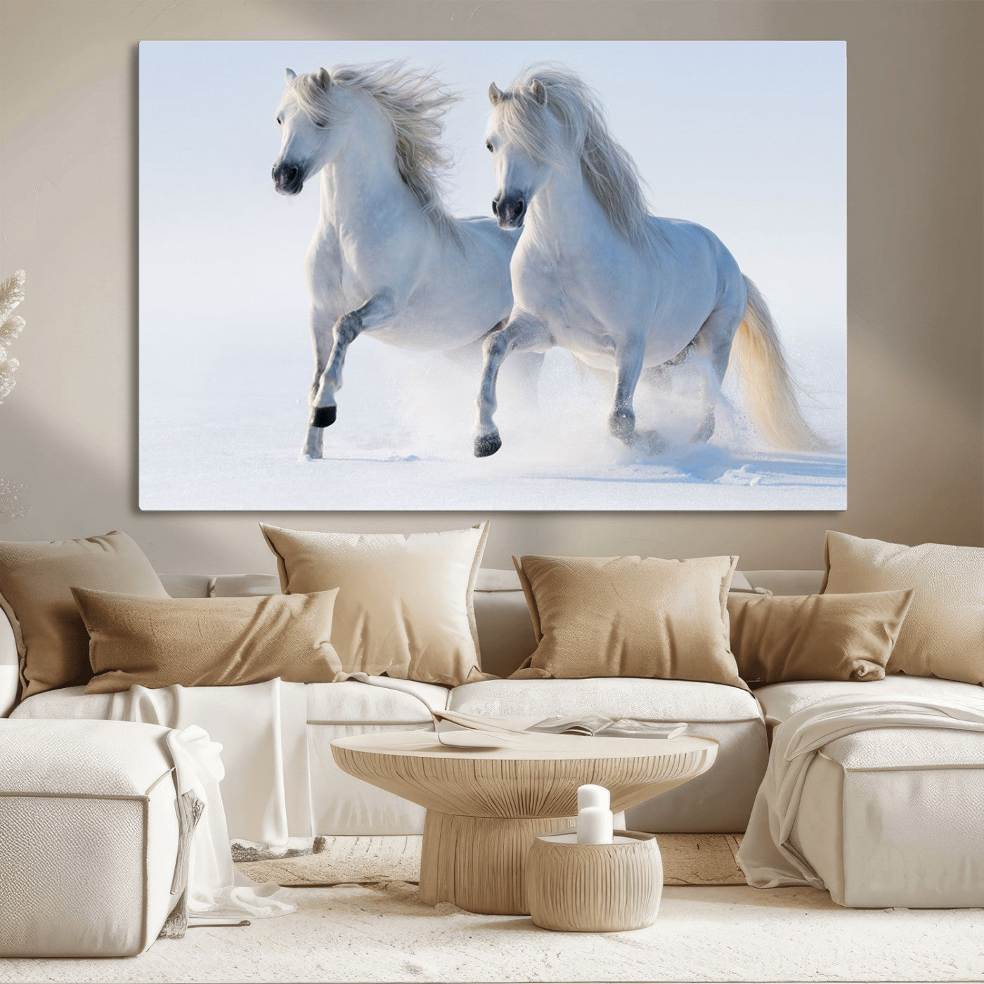 80145-MGV-CV-36X24-White Horses Running Snow Wall Art – Majestic Equine Canvas Print, Winter Nature Photography Decor for Living Room, Office,