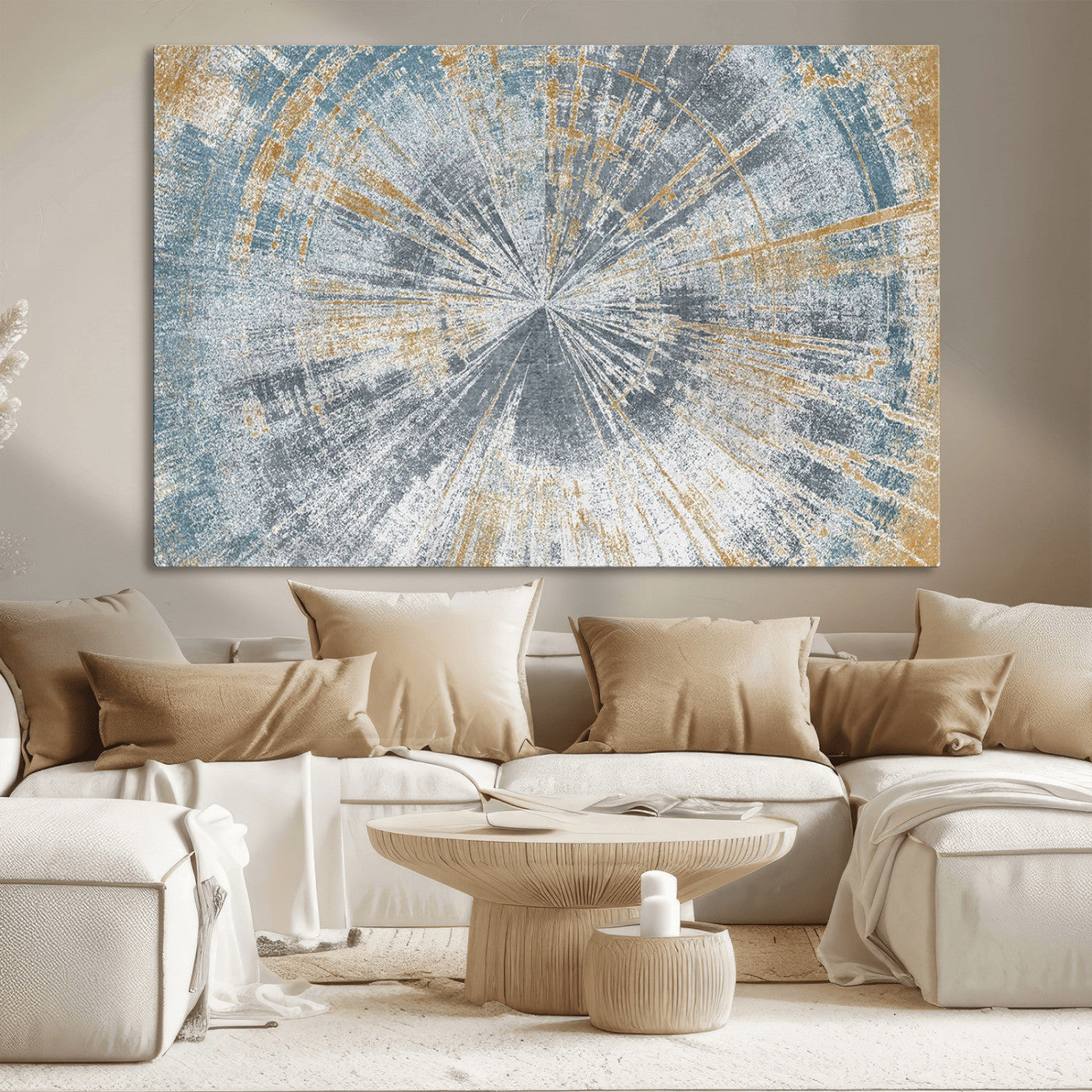 17631-MGV-CV-36X24-Radiant Burst Wall Art – Abstract Sunburst Canvas Print in Blue and Gold, Modern Geometric Painting for Living Room, Office or