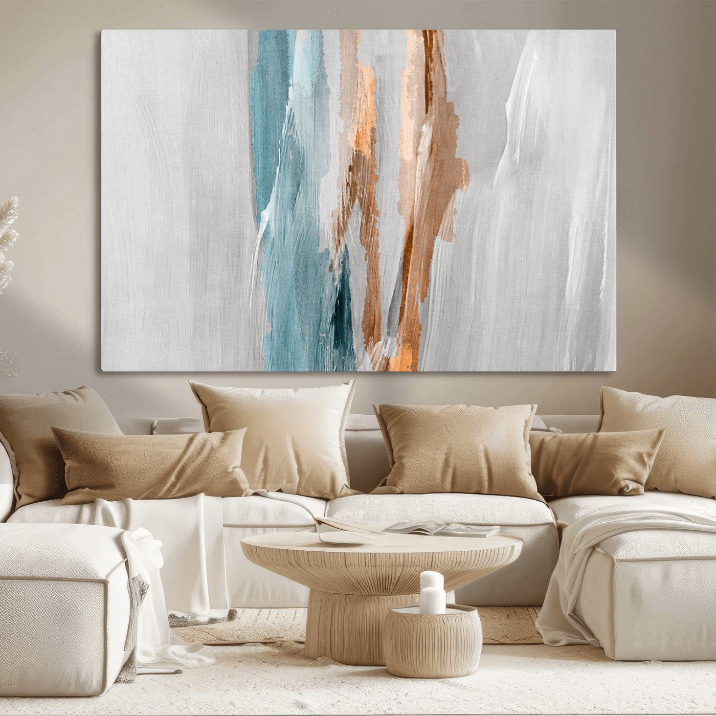 66154-MGV-CV-36X24-Abstract Brushstroke Wall Art – Modern Teal and Gold Canvas Print, Minimalist Contemporary Painting for Living Room, Bedroom, or