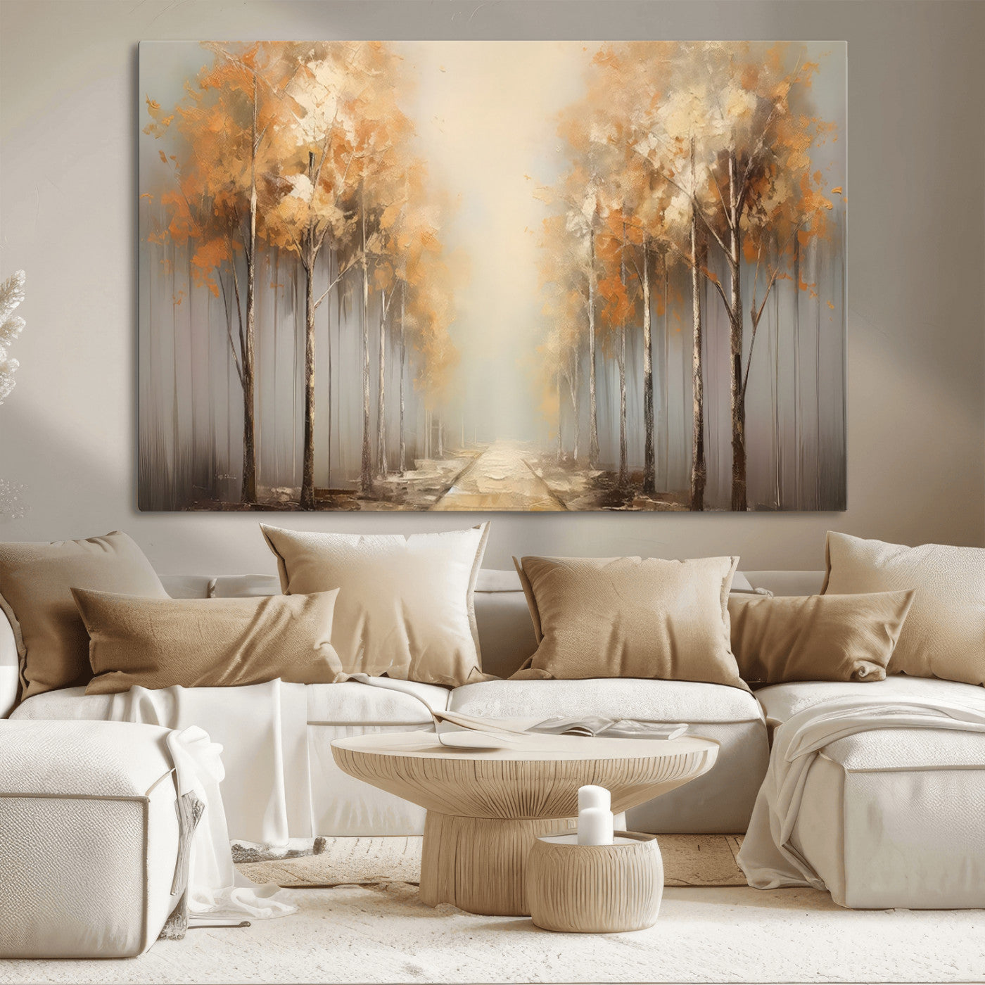 95004-MGV-CV-36X24-Autumn Forest Path Wall Art – Hand Painted Canvas Print with Golden Trees, Modern Nature Landscape Decor for Living Room, Bedroom