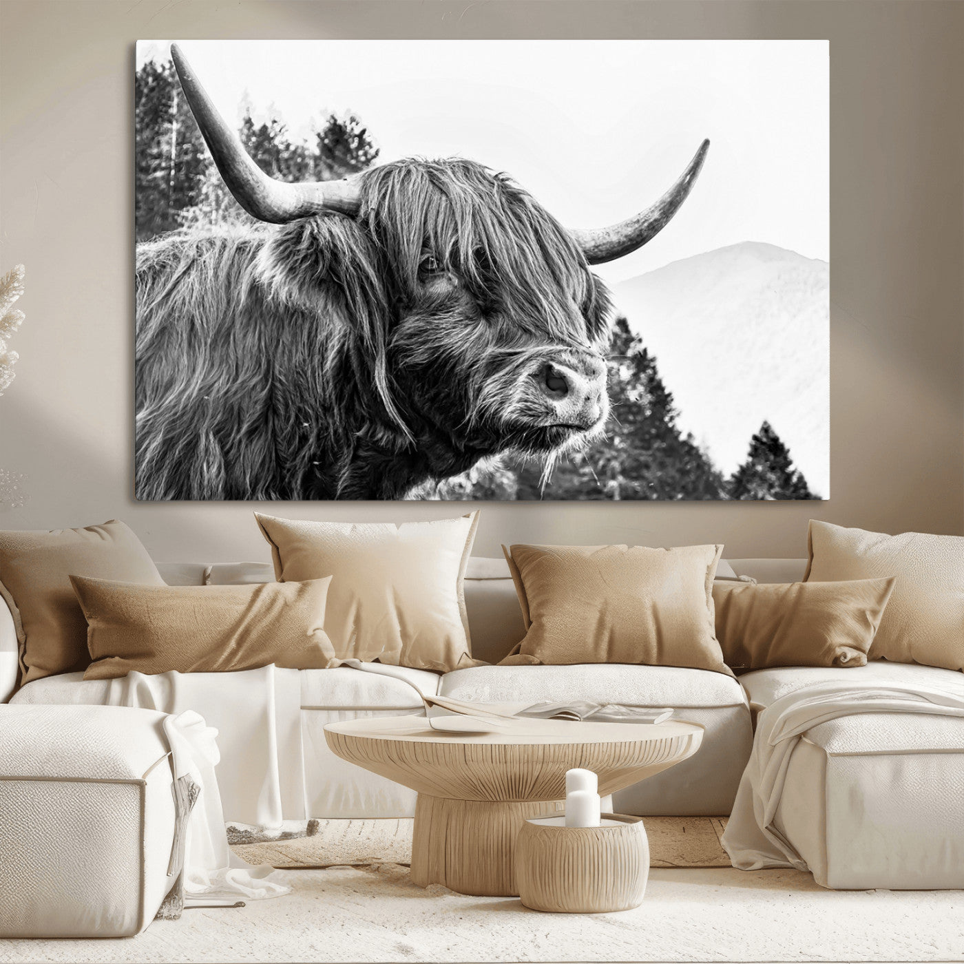 61570-MGV-CV-36X24-Highland Cow Wall Art – Black and White Scottish Bull Canvas Print, Rustic Farmhouse Animal Decor for Living Room, Bedroom, or