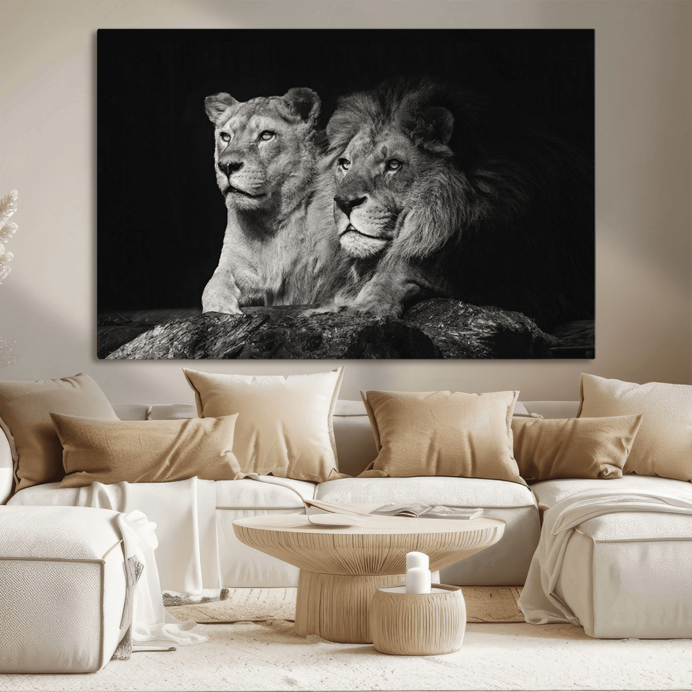 80013-MGV-CV-36X24-Lion and Lioness Wall Art – Black and White Wildlife Photography Canvas Print, African Safari Animal Decor for Office, Bedroom