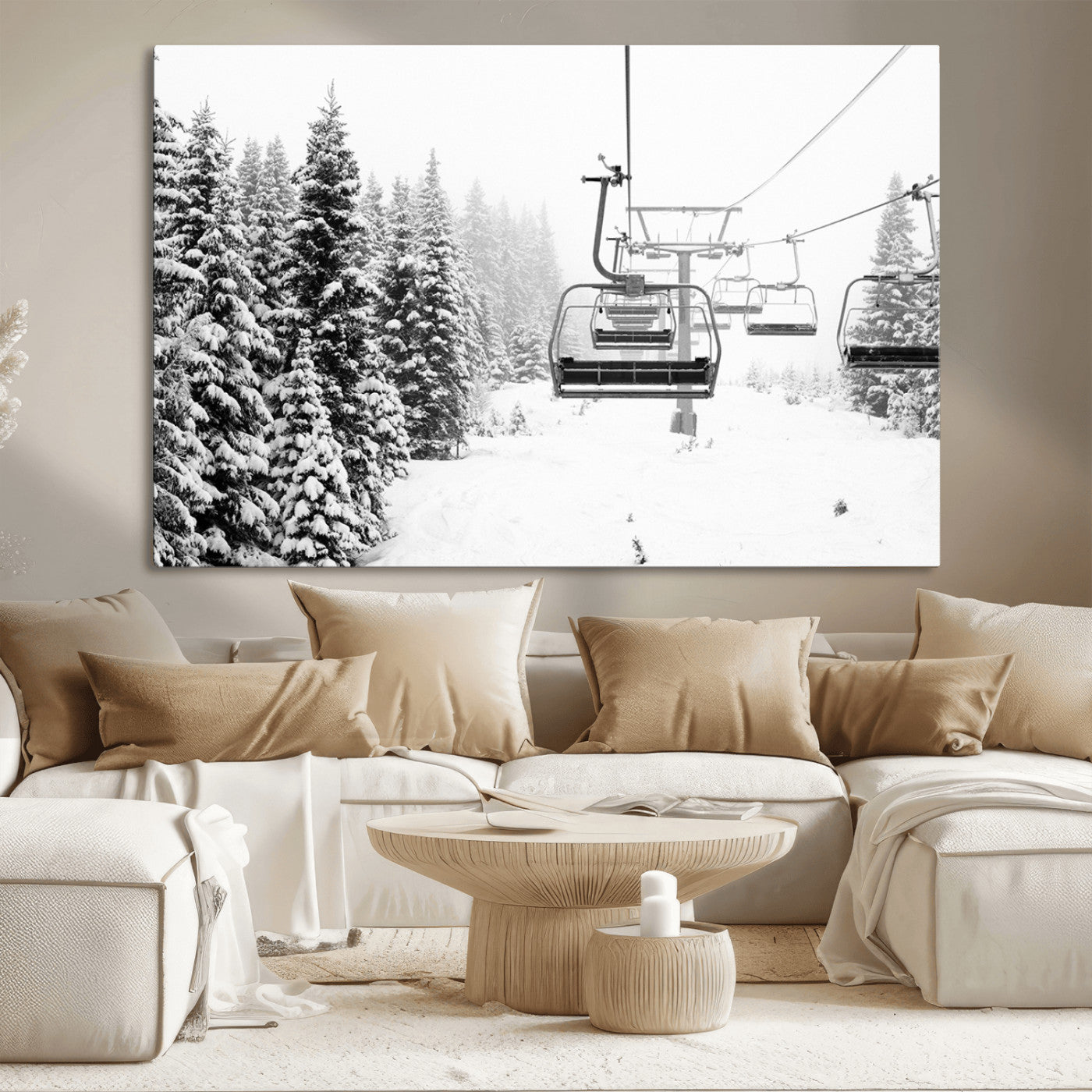 70609-MGV-CV-36X24-Snowy Ski Lift Wall Art – Black and White Winter Mountain Landscape Canvas Print, Rustic Lodge Decor for Cabin, Living Room or