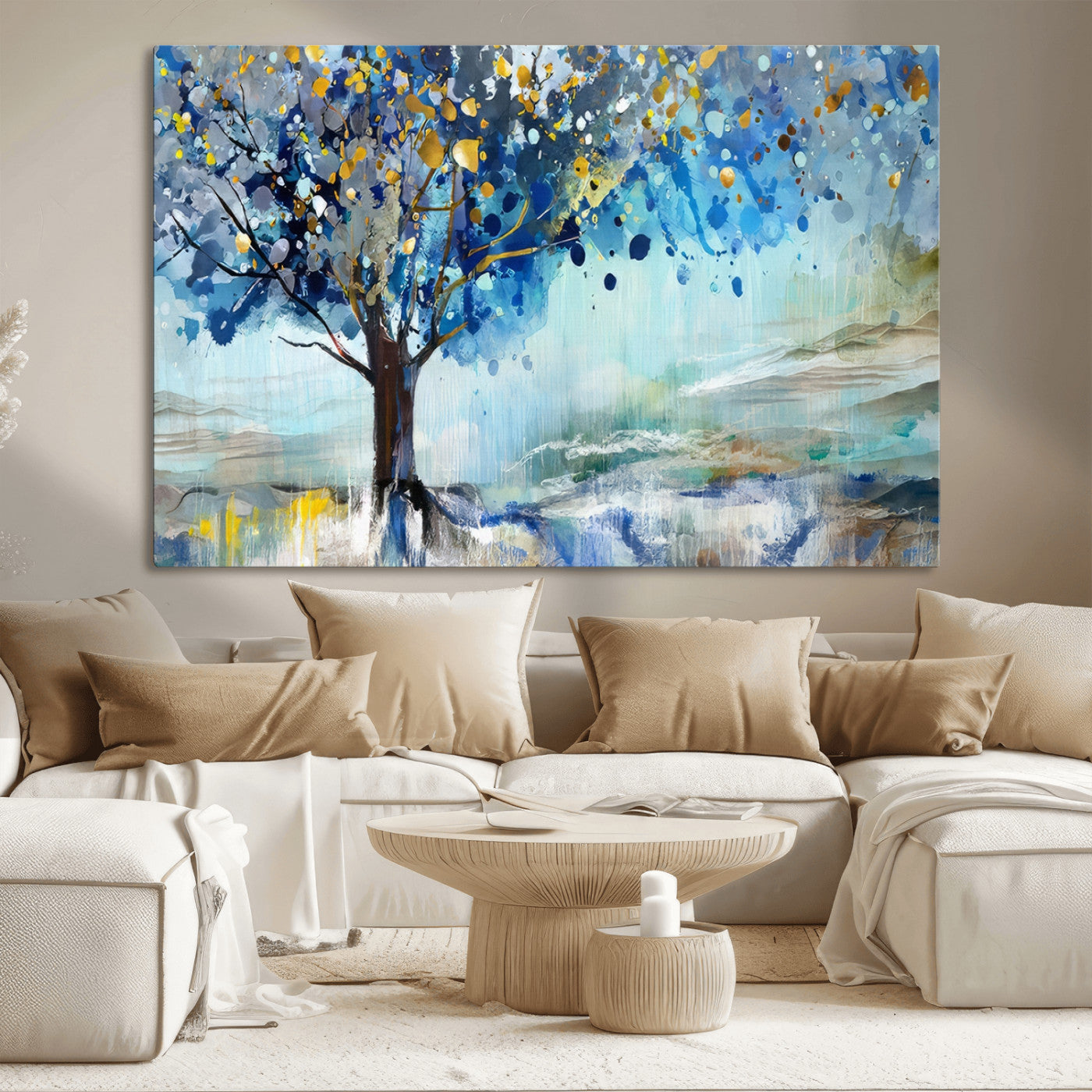 17018-MGV-CV-36X24-Abstract Blue Tree Wall Art – Colorful Canvas Painting with Gold and Silver Accents, Modern Nature Artwork for Living Room,