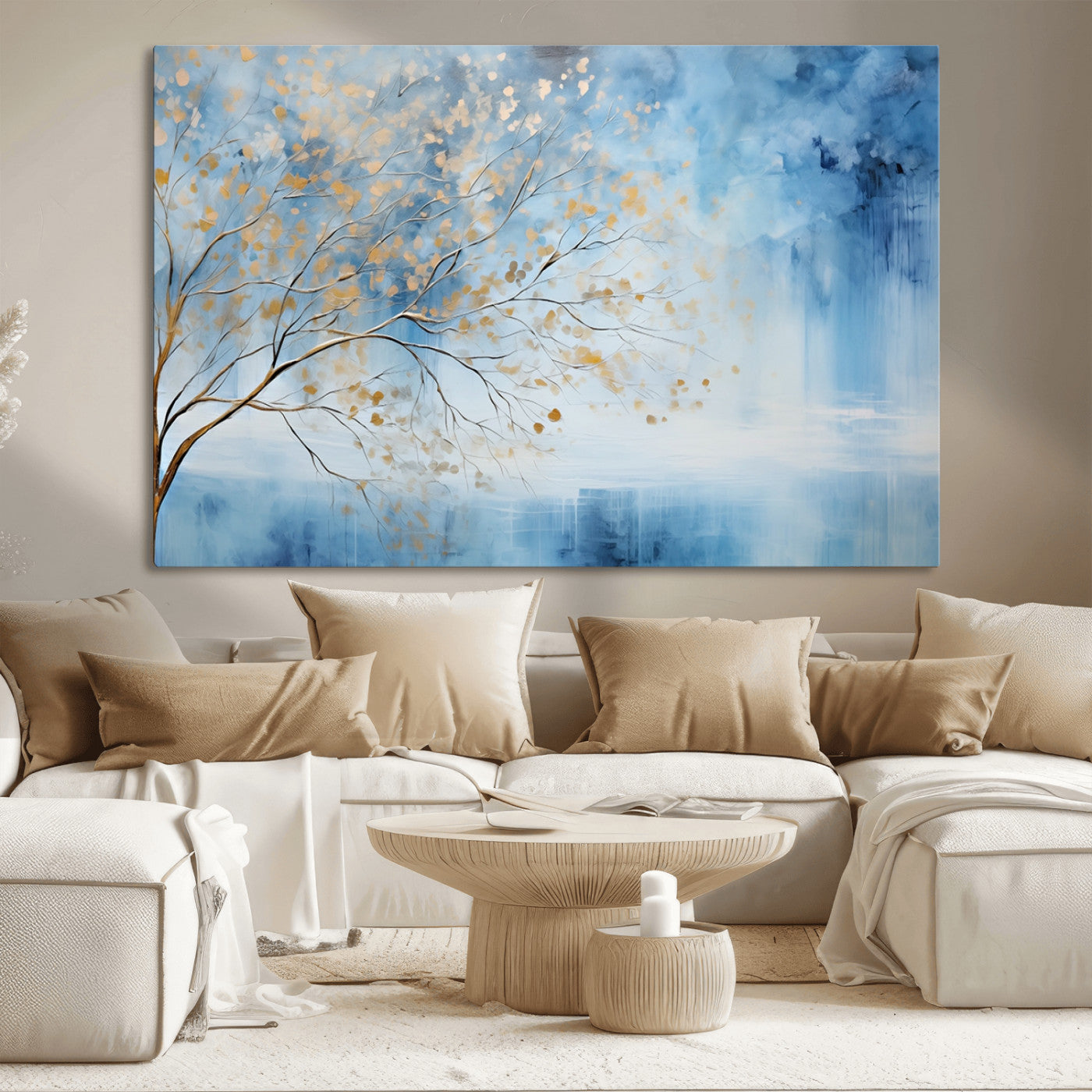 23891-MGV-CV-36X24-Abstract Tree Wall Art – Minimalist Blue and Gold Canvas Painting, Elegant Nature-Inspired Artwork for Living Room, Bedroom or