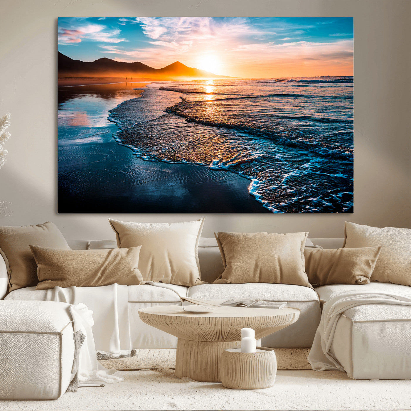 26494-MGV-CV-36X24-Ocean Sunset Wall Art – Scenic Beach Canvas Print with Waves and Mountains, Coastal Seascape Photography for Living Room, Bedroom