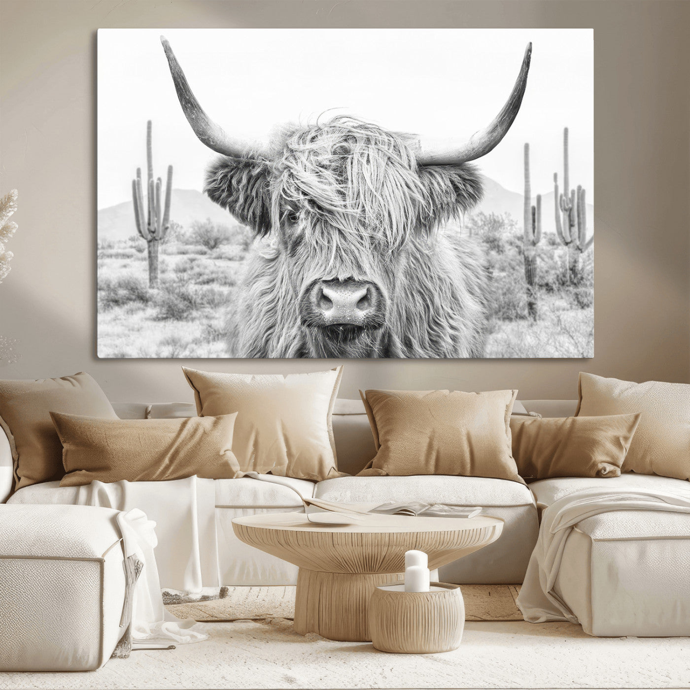 94579-MGV-CV-36X24-Highland Cow Wall Art – Black and White Longhorn Canvas Print, Rustic Western Farmhouse Animal Photography for Living Room,