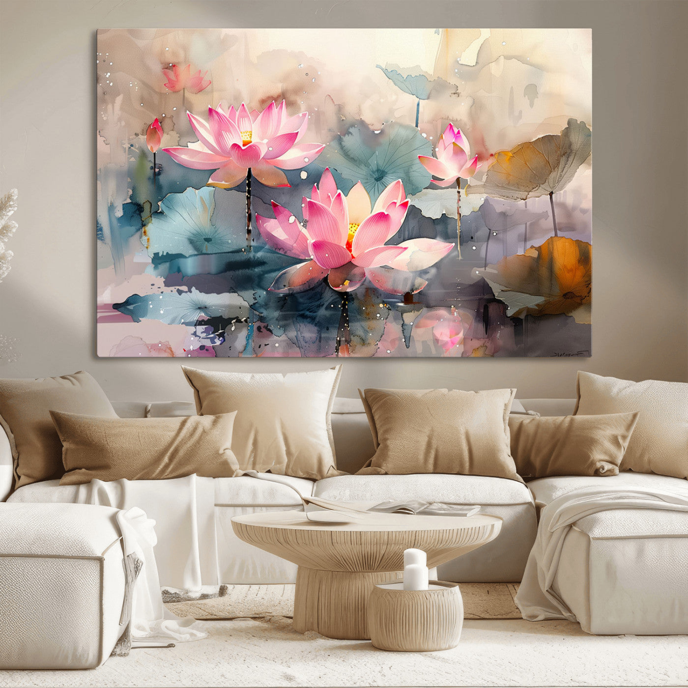 27936-MGV-CV-36X24-Lotus Pond Wall Art – Watercolor Pink Lotus Flowers Canvas Print, Tranquil Botanical Artwork for Bedroom, Living Room or