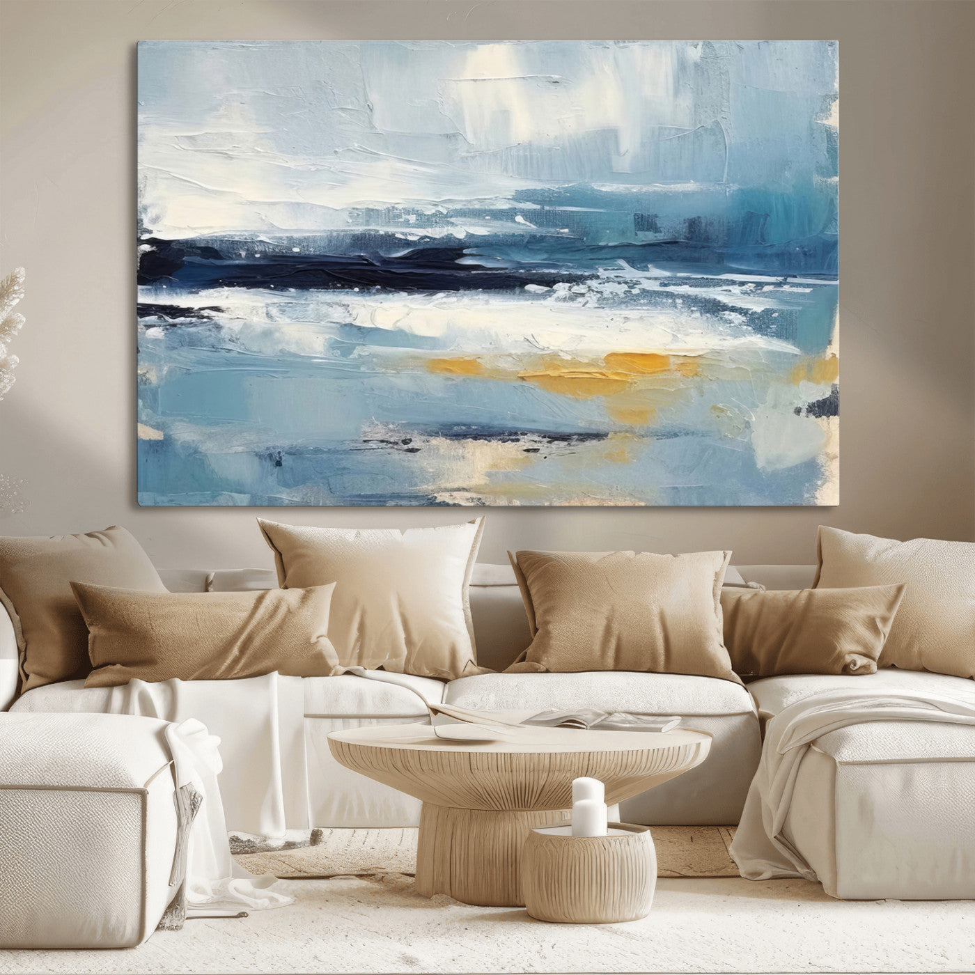 19746-MGV-CV-36X24-Abstract Ocean Wall Art – Modern Coastal Canvas Print with Blue, White and Gold Textures, Contemporary Seascape Painting for