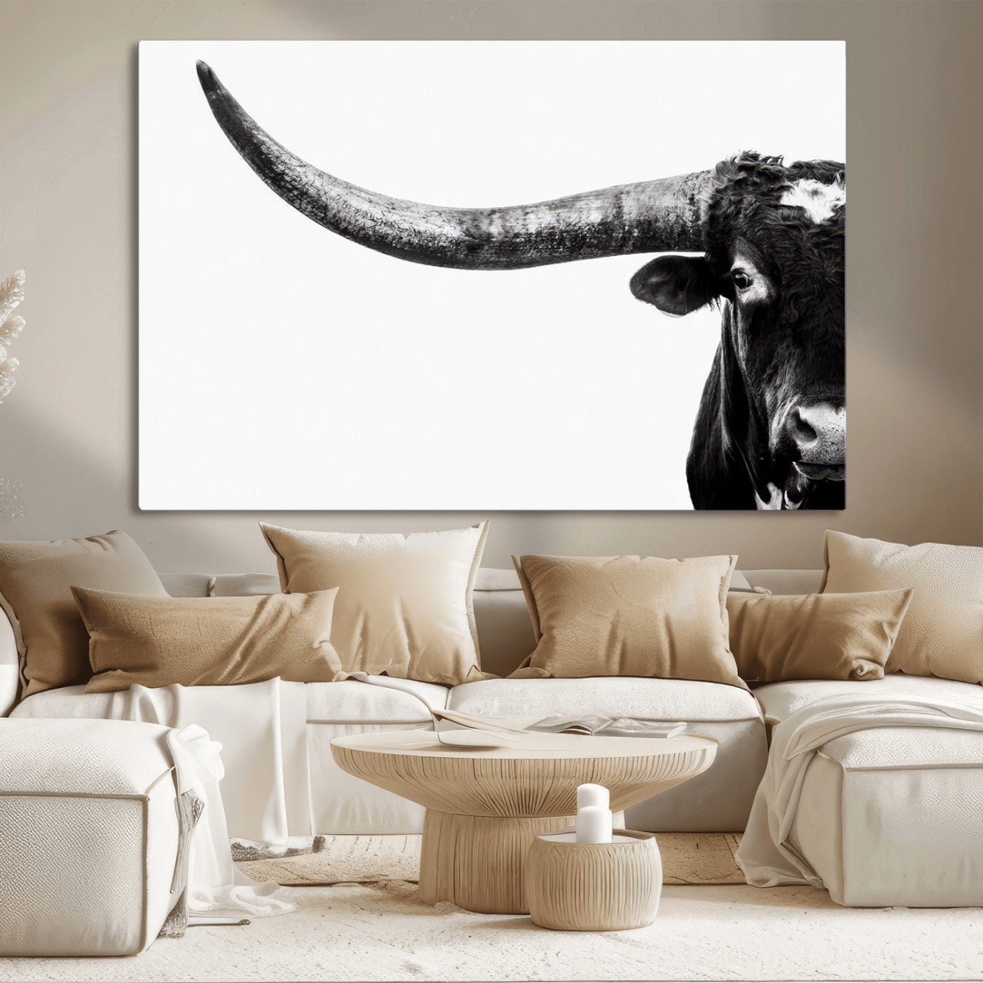 31699-MGV-CV-36X24-Longhorn Wall Art – Black and White Texas Longhorn Cow Canvas Print, Rustic Western Farmhouse Artwork for Living Room, Bedroom or