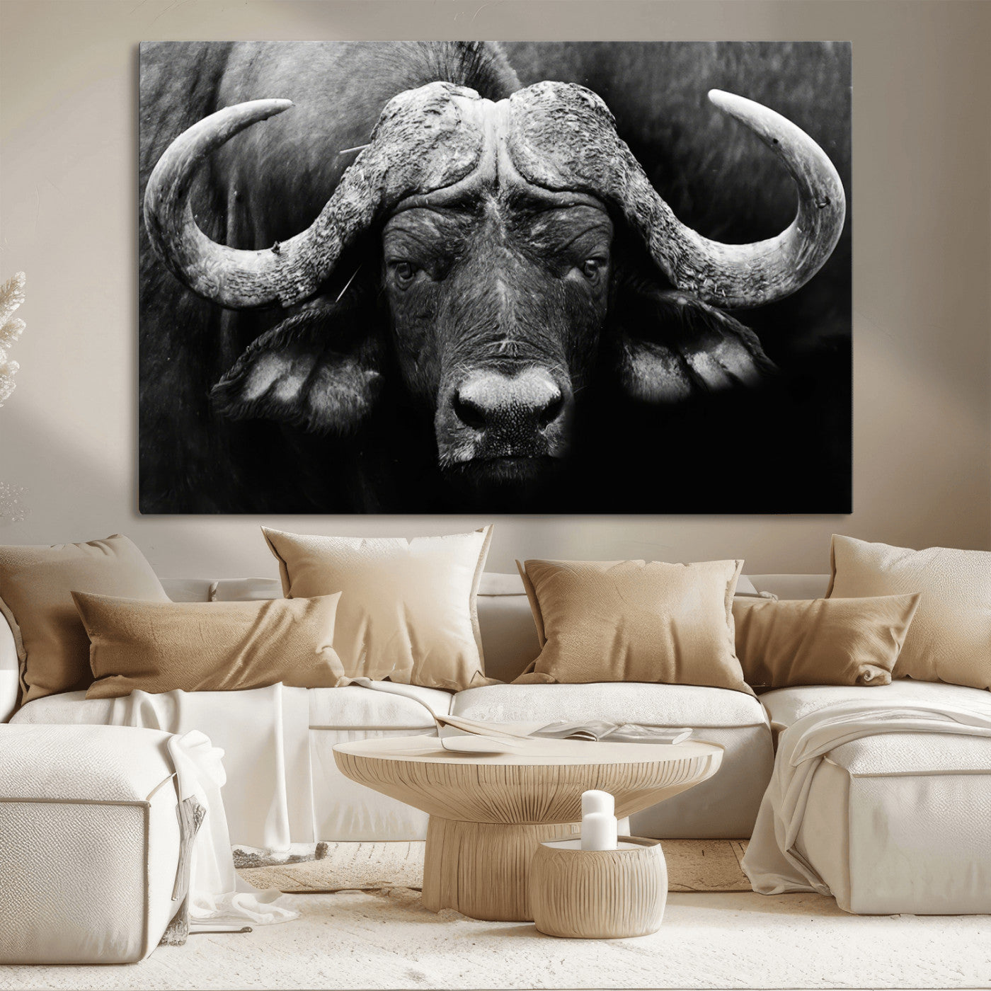 75273-MGV-CV-36X24-Buffalo Wall Art – Black and White African Buffalo Canvas Print, Rustic Wildlife Animal Artwork for Farmhouse, Living Room,