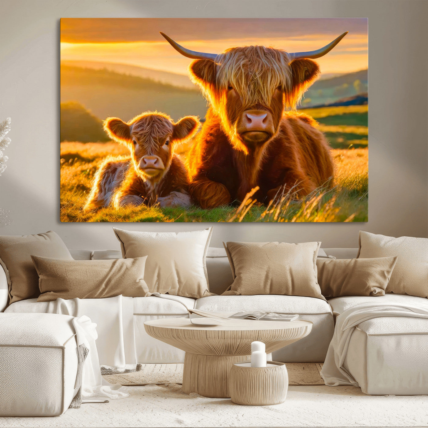 20567-MGV-CV-36X24-Highland Cow and Calf Wall Art – Rustic Farmhouse Sunset Cattle Canvas Print, Country Animal Artwork for Living Room, Bedroom, or