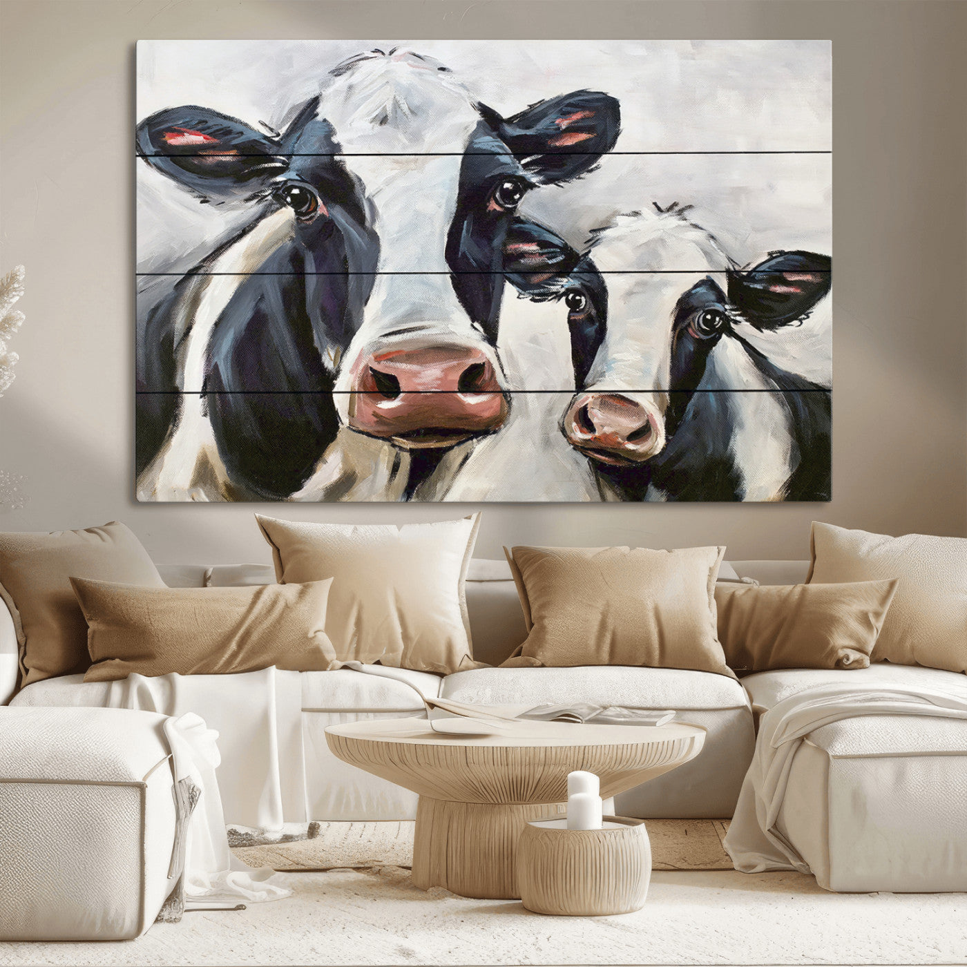 28934-MGV-CV-36X24-Farmhouse Cow Wall Art – Rustic Black and White Dairy Cattle Canvas Print, Country Barn Animal Painting for Kitchen, Living Room