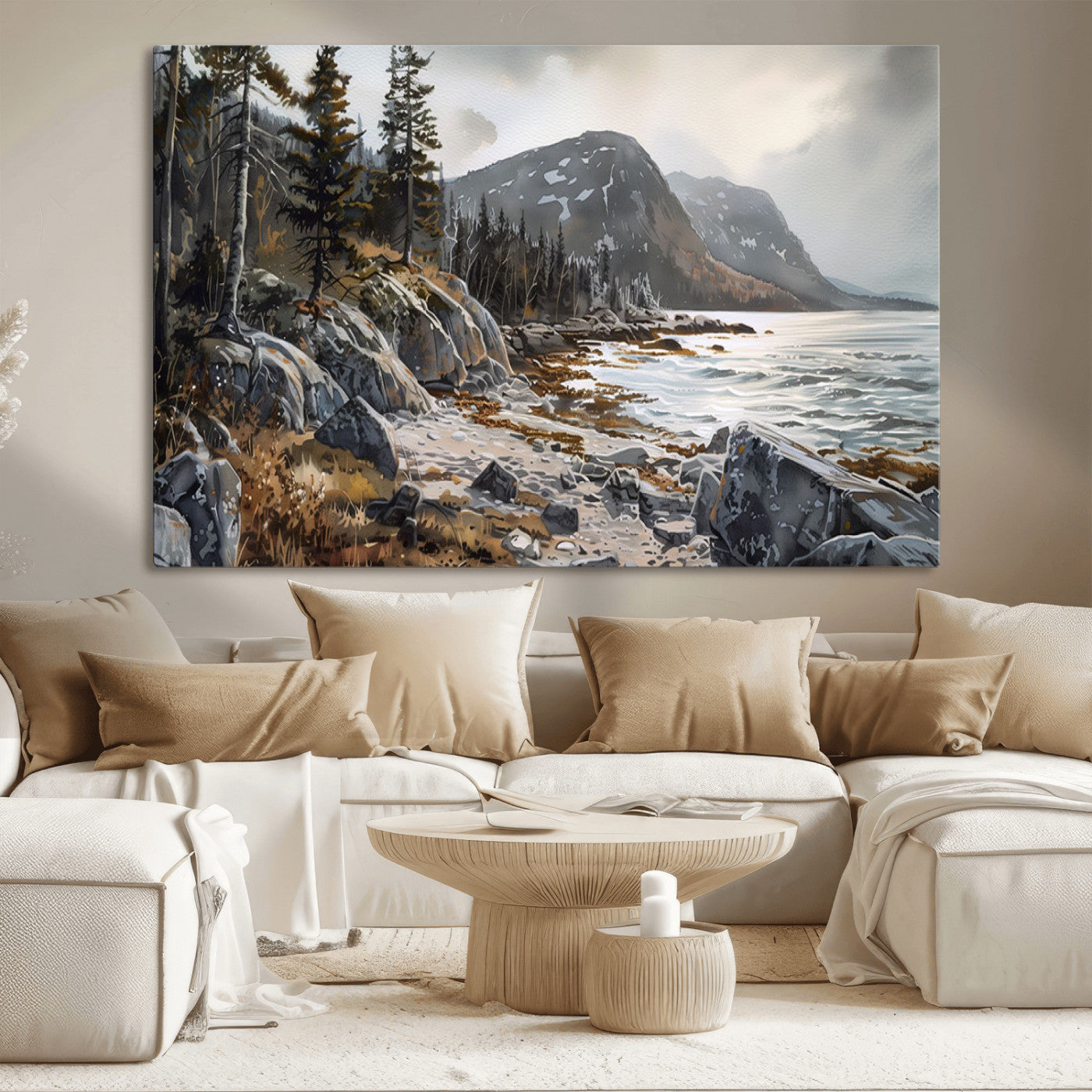41281-MGV-CV-36X24-Rocky Shoreline Wall Art – Panoramic Mountain Coast and Forest Canvas Print, Rustic Nature Landscape Decor for Cabin, Lodge, or