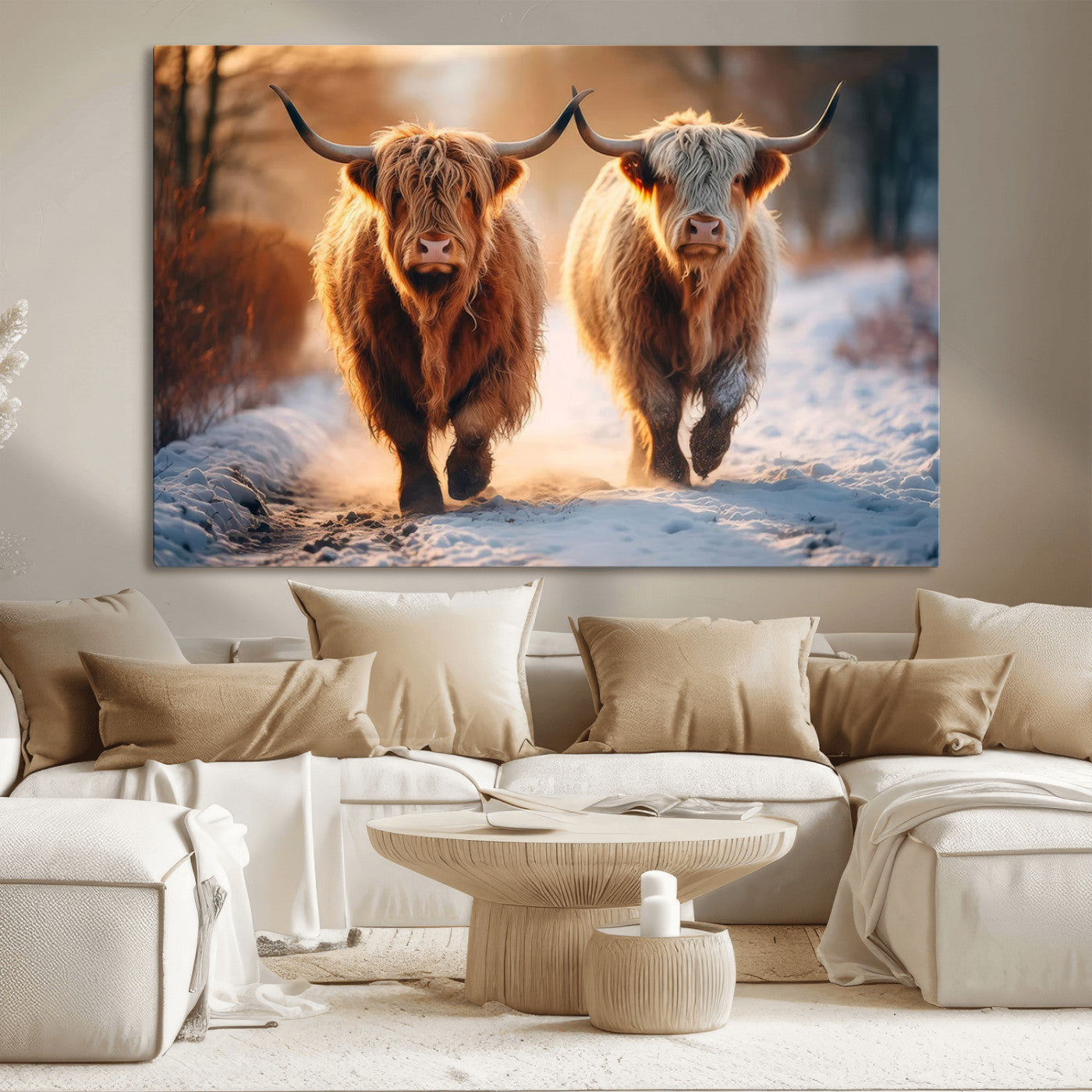 50490-MGV-CV-36X24-Highland Cow Wall Art – Rustic Panoramic Canvas Print Two Cattle Snowy Landscape, Farmhouse Country Decor for Living Room Office