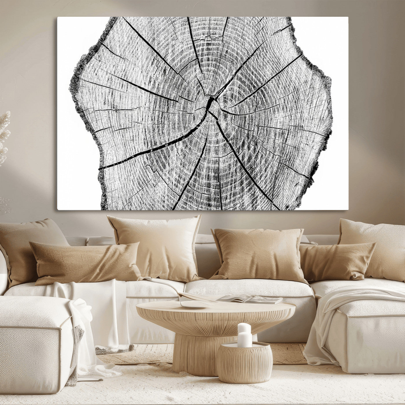 98709-MGV-CV-36X24-Tree Ring Wall Art – Black and White Canvas Print Rustic Wood Cross Section, Minimal Nature Inspired Decor for Living Room,