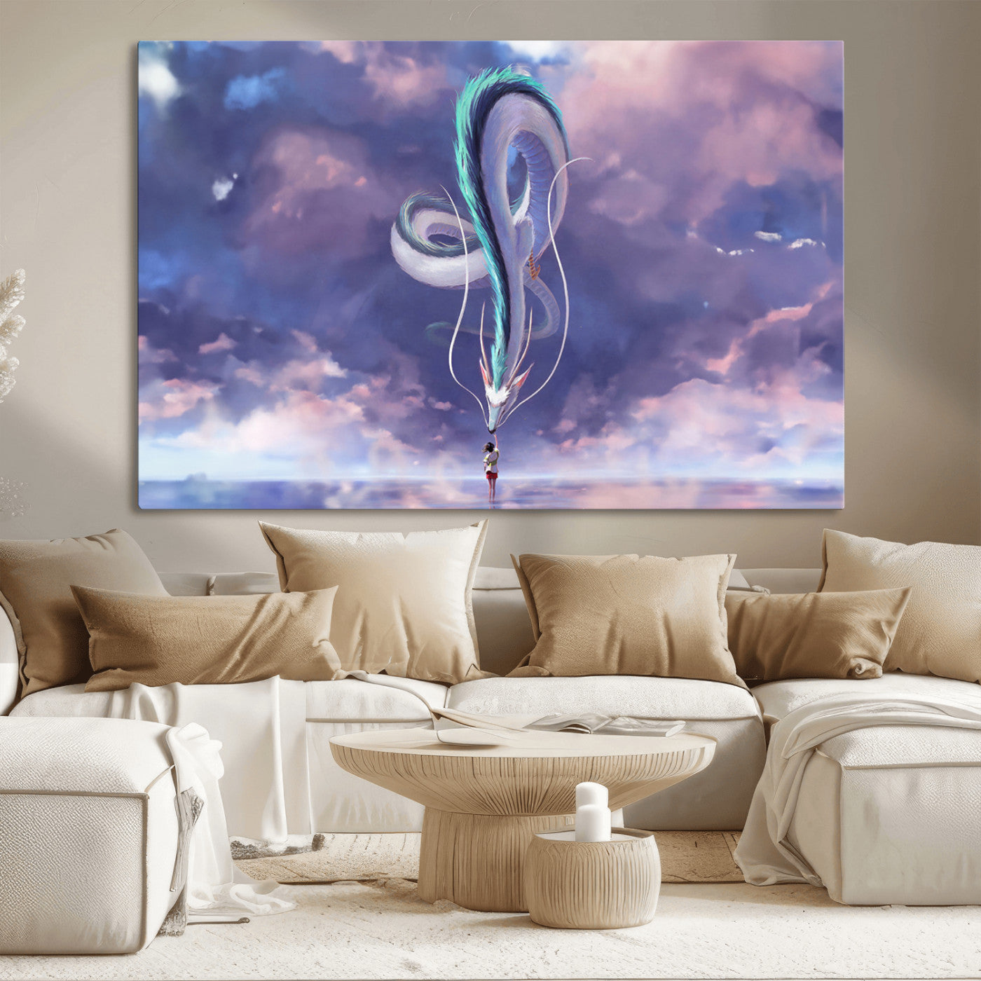 66864-MGV-CV-36X24-Fantasy Dragon Wall Art – Mystical Canvas Print Girl and Sky Serpent Dreamlike Clouds, Magical Anime Inspired Decor for Living