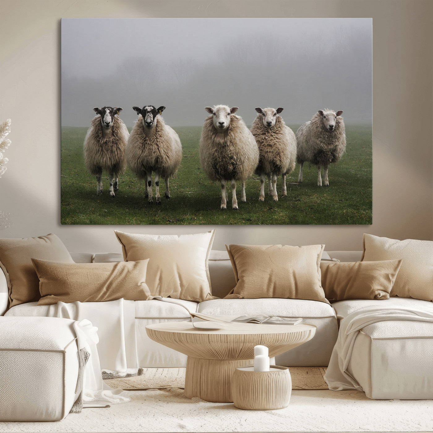 87339-MGV-CV-36X24-Sheep Wall Art – Rustic Farmhouse Canvas Print Flock Standing Misty Field Countryside Photography, Country Animal Decor for Living