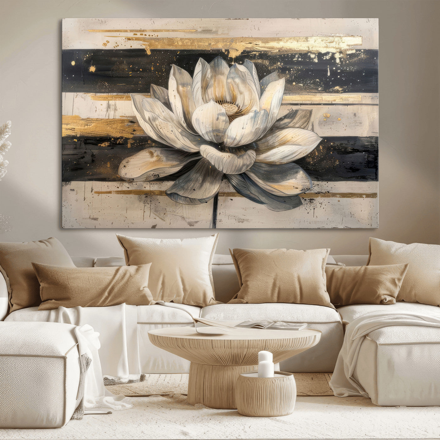 18807-MGV-CV-36X24-Lotus Flower Wall Art Canvas Print, Framed Abstract Lotus Art Picture Print, White Lotus Flower Perfect Abstract Floral Decor